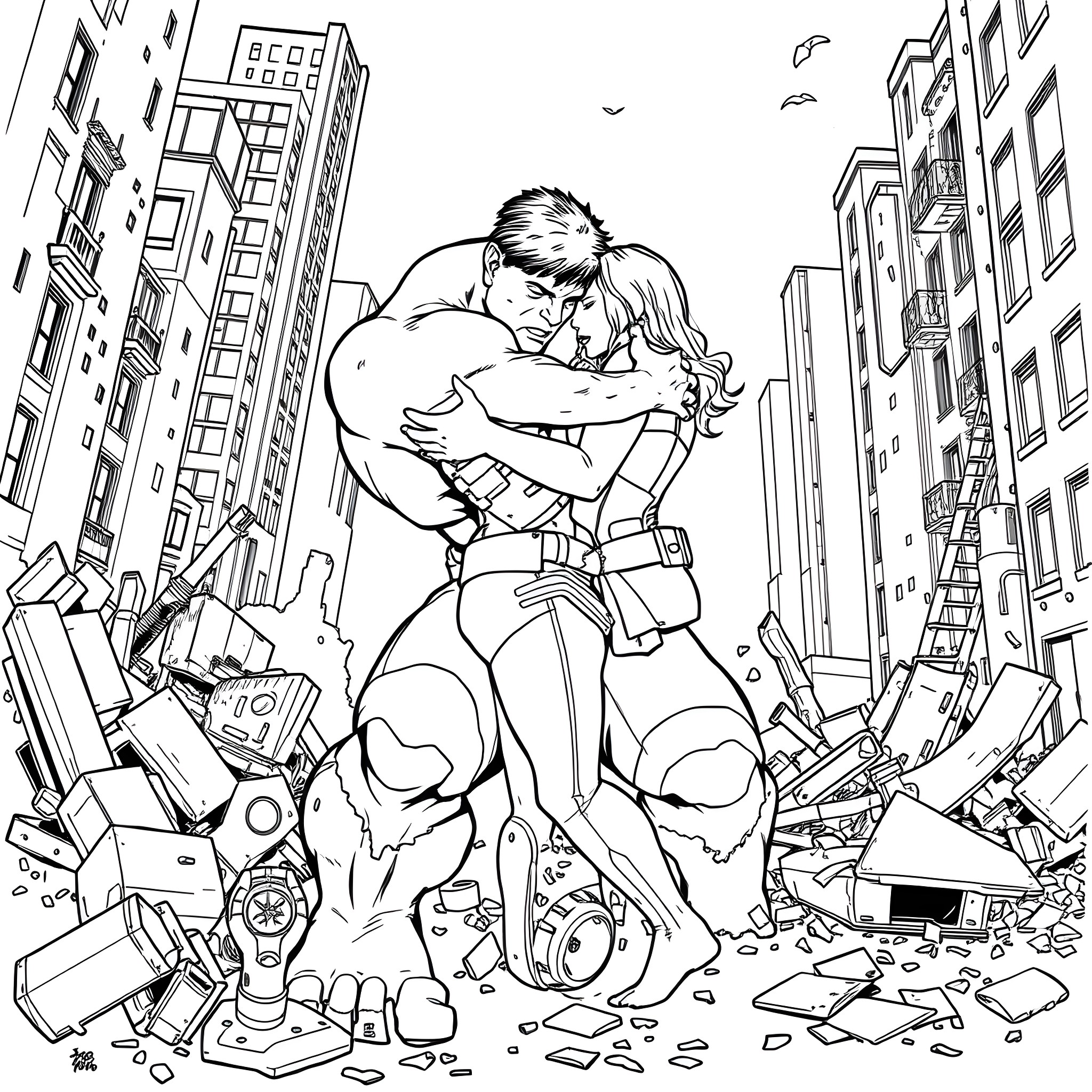 Hulk embracing a woman amidst city destruction Coloring Page (free black-and-white line drawing printable PDF for all, from beginners to advanced learners, including children, teens, adults, and seniors)