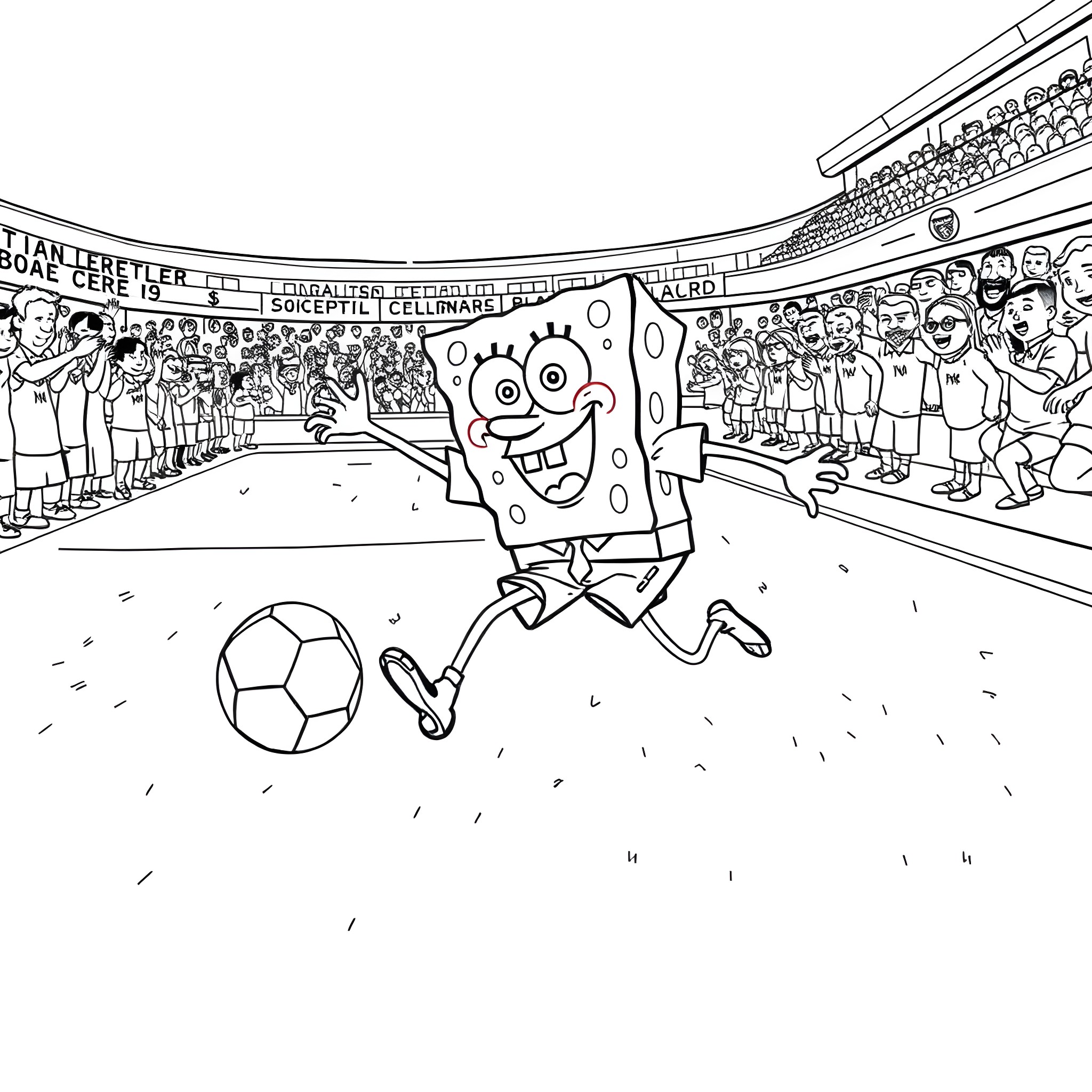 Spongebob playing soccer in a stadium full of fans Coloring Page (free black-and-white line drawing printable PDF for all, from beginners to advanced learners, including children, teens, adults, and seniors)