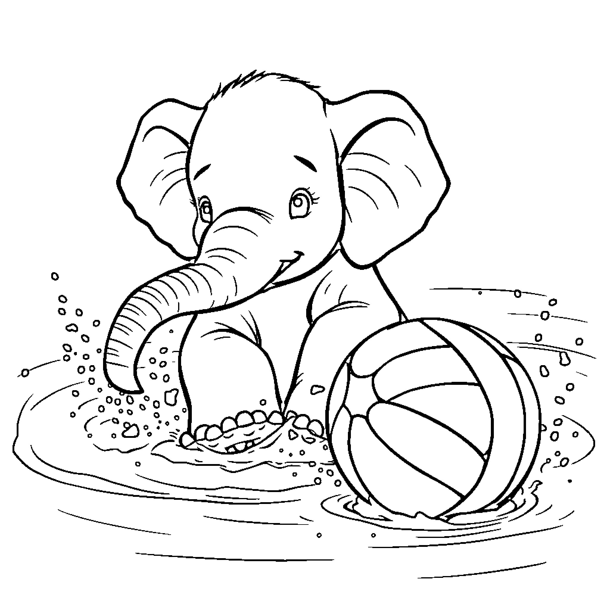 Elephant playing in the water with a beach ball Coloring Page (free black-and-white line drawing printable PDF for all, from beginners to advanced learners, including children, teens, adults, and seniors)