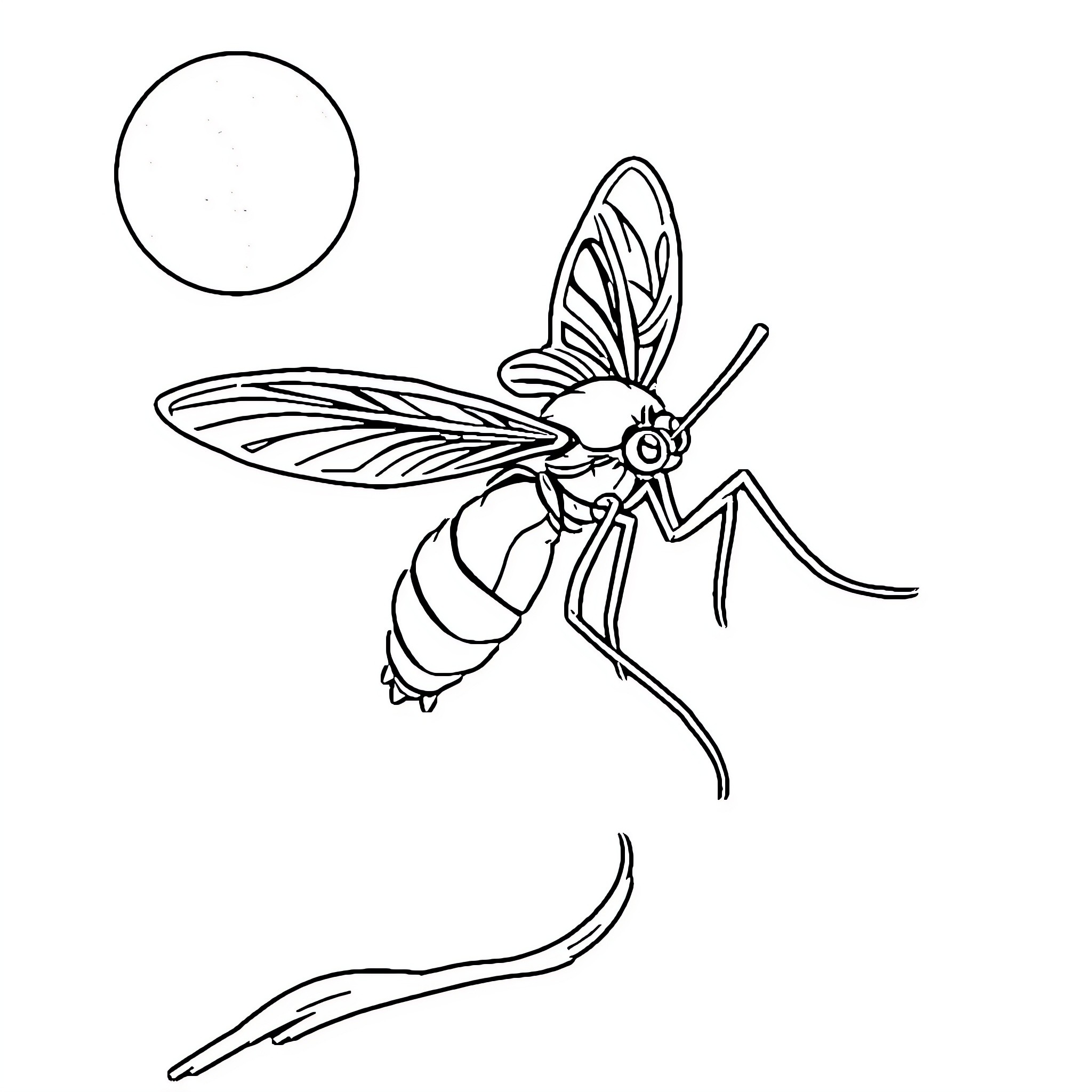 Moustique exploring a bright and airy scene Coloring Page (free black-and-white line drawing printable PDF for all, from beginners to advanced learners, including children, teens, adults, and seniors)