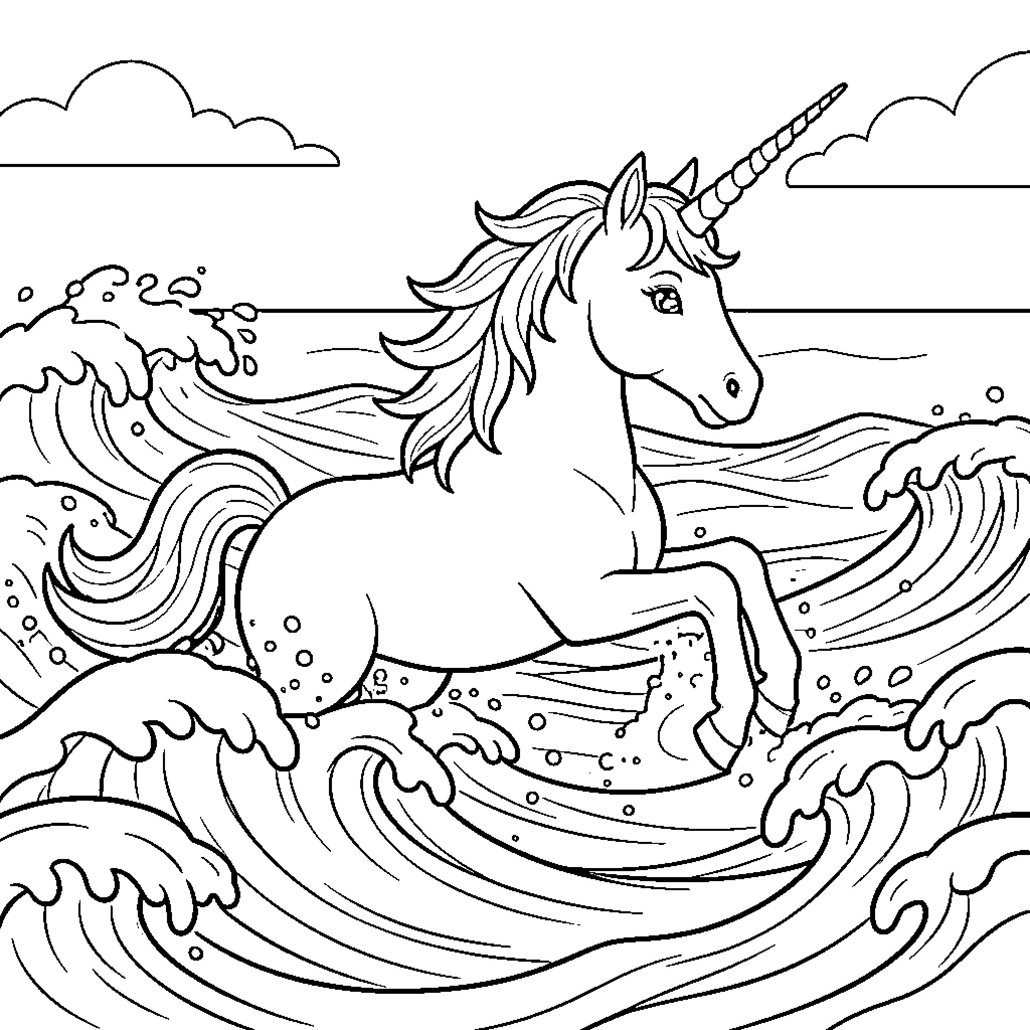 Unicorn galloping through powerful ocean waves Coloring Page (free black-and-white line drawing printable PDF for all, from beginners to advanced learners, including children, teens, adults, and seniors)