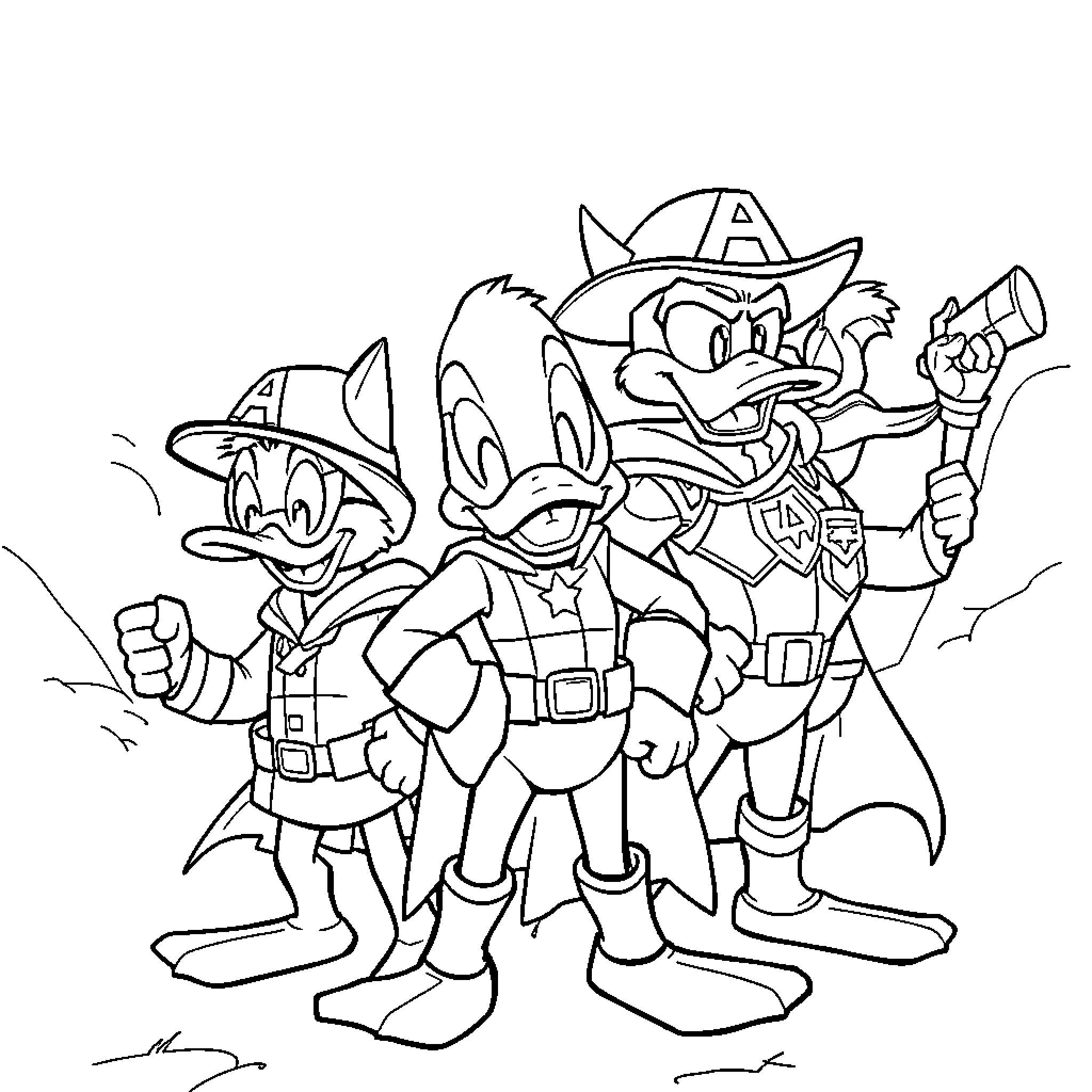Duck detectives on a mission Coloring Page (free black-and-white line drawing printable PDF for all, from beginners to advanced learners, including children, teens, adults, and seniors)