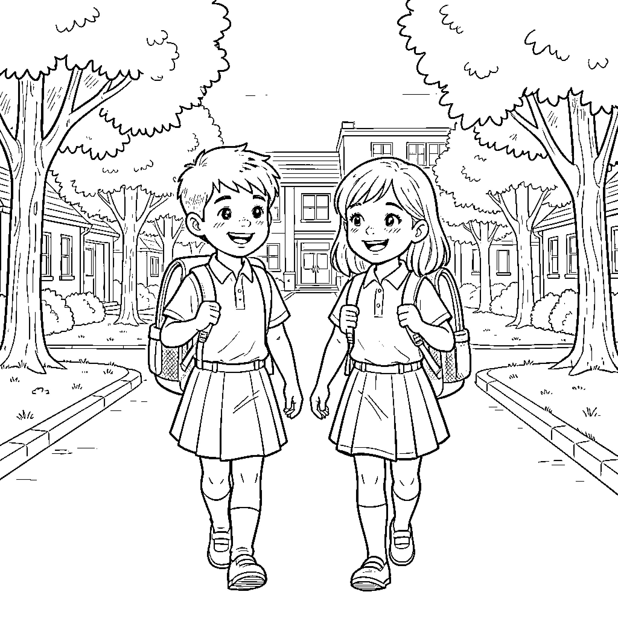 Child walking together with backpacks on a sidewalk Coloring Page (free black-and-white line drawing printable PDF for all, from beginners to advanced learners, including children, teens, adults, and seniors)