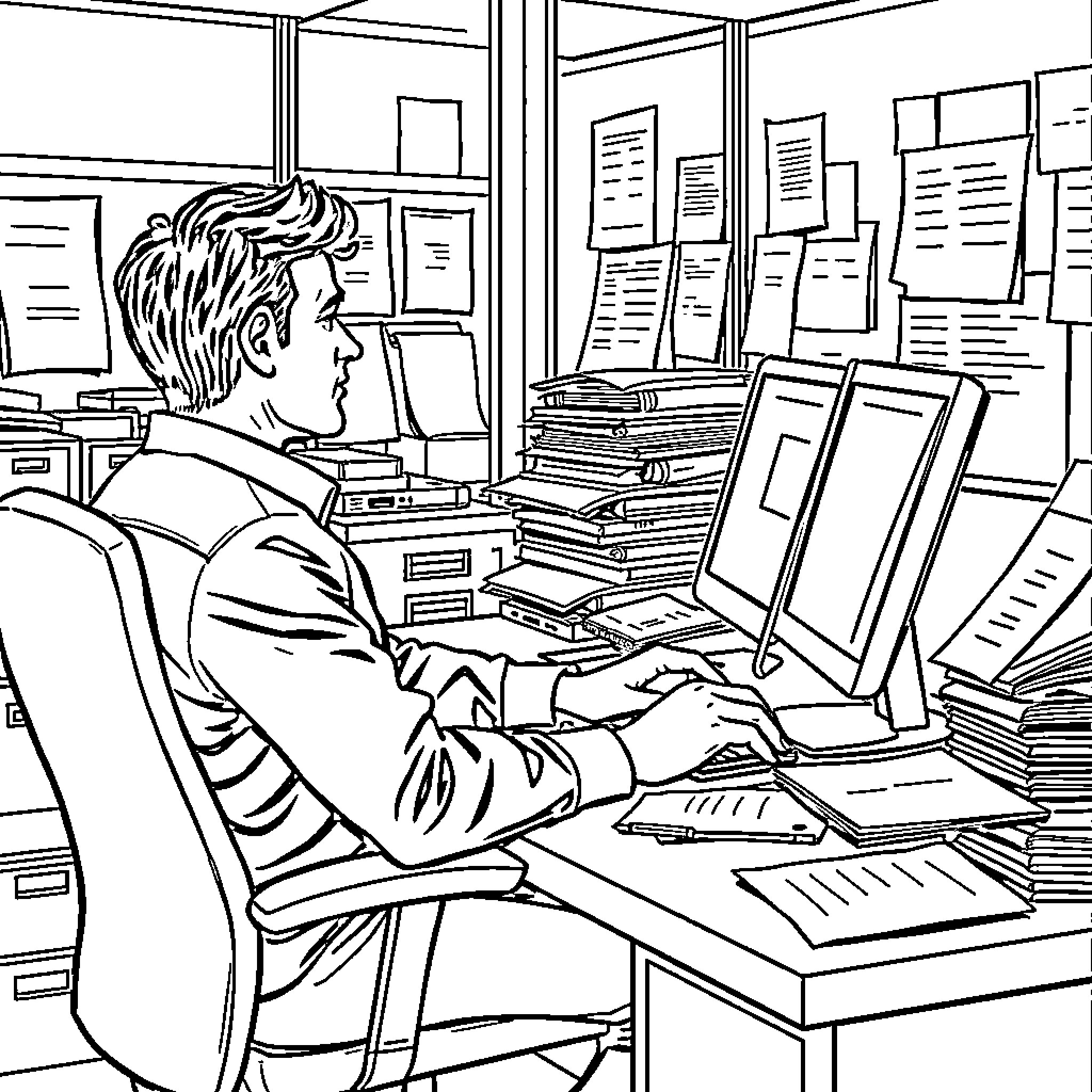 Man working diligently at his cluttered office desk Coloring Page (free black-and-white line drawing printable PDF for all, from beginners to advanced learners, including children, teens, adults, and seniors)