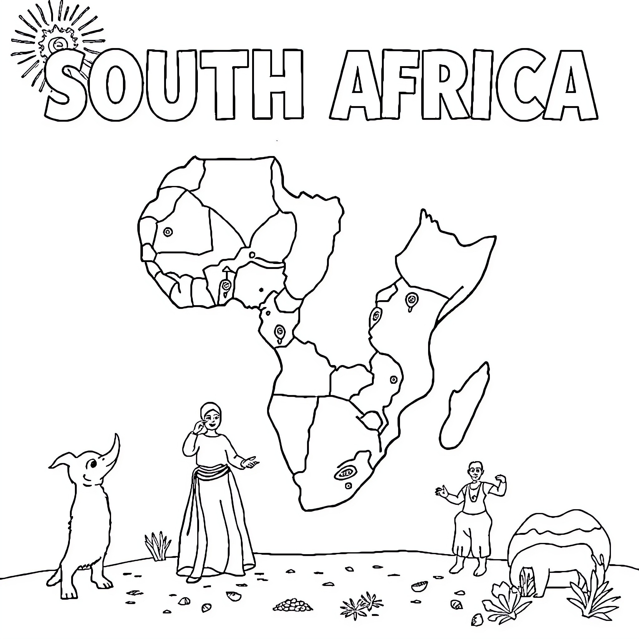 Heritage of South Africa: People, Wildlife, and Landscape Coloring Page (free black-and-white line drawing printable PDF for all, from beginners to advanced learners, including children, teens, adults, and seniors)
