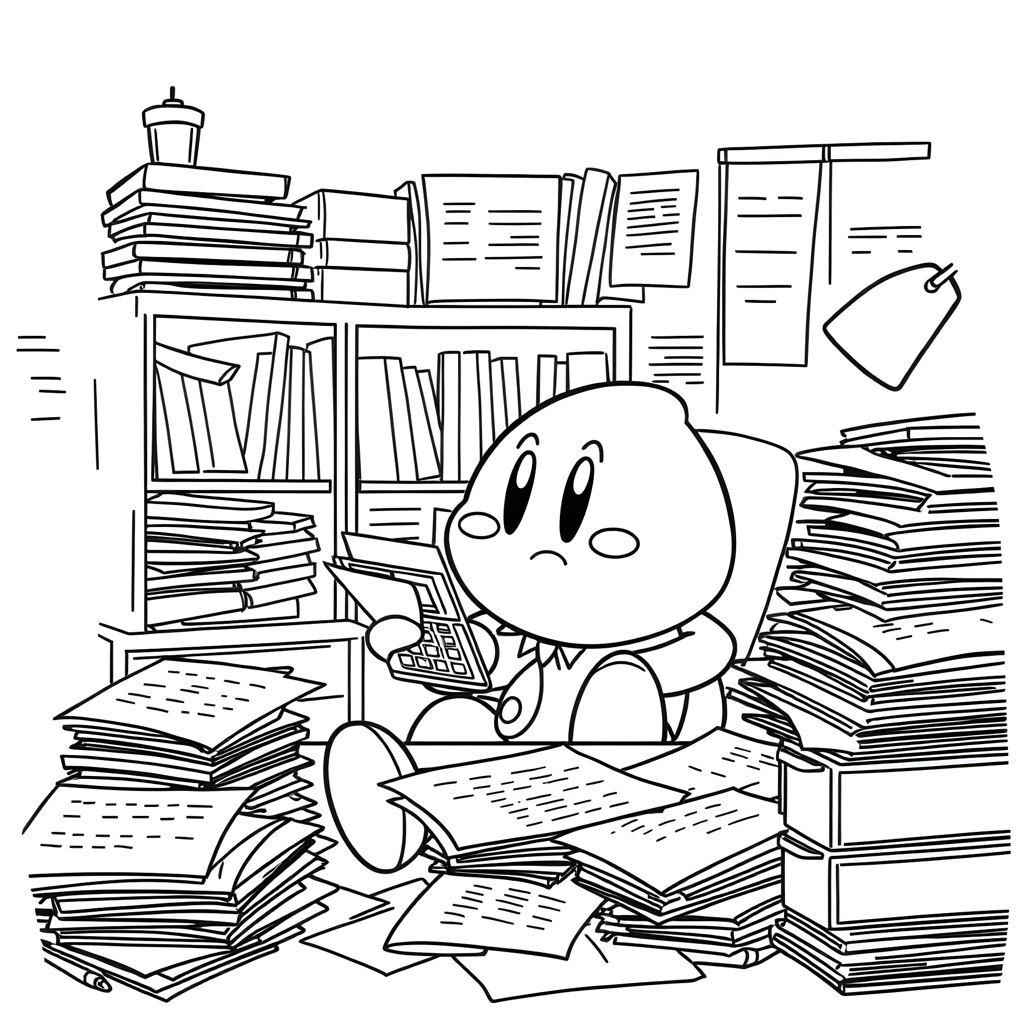 Kirby surrounded by piles of books in a cozy study Coloring Page (free black-and-white line drawing printable PDF for all, from beginners to advanced learners, including children, teens, adults, and seniors)