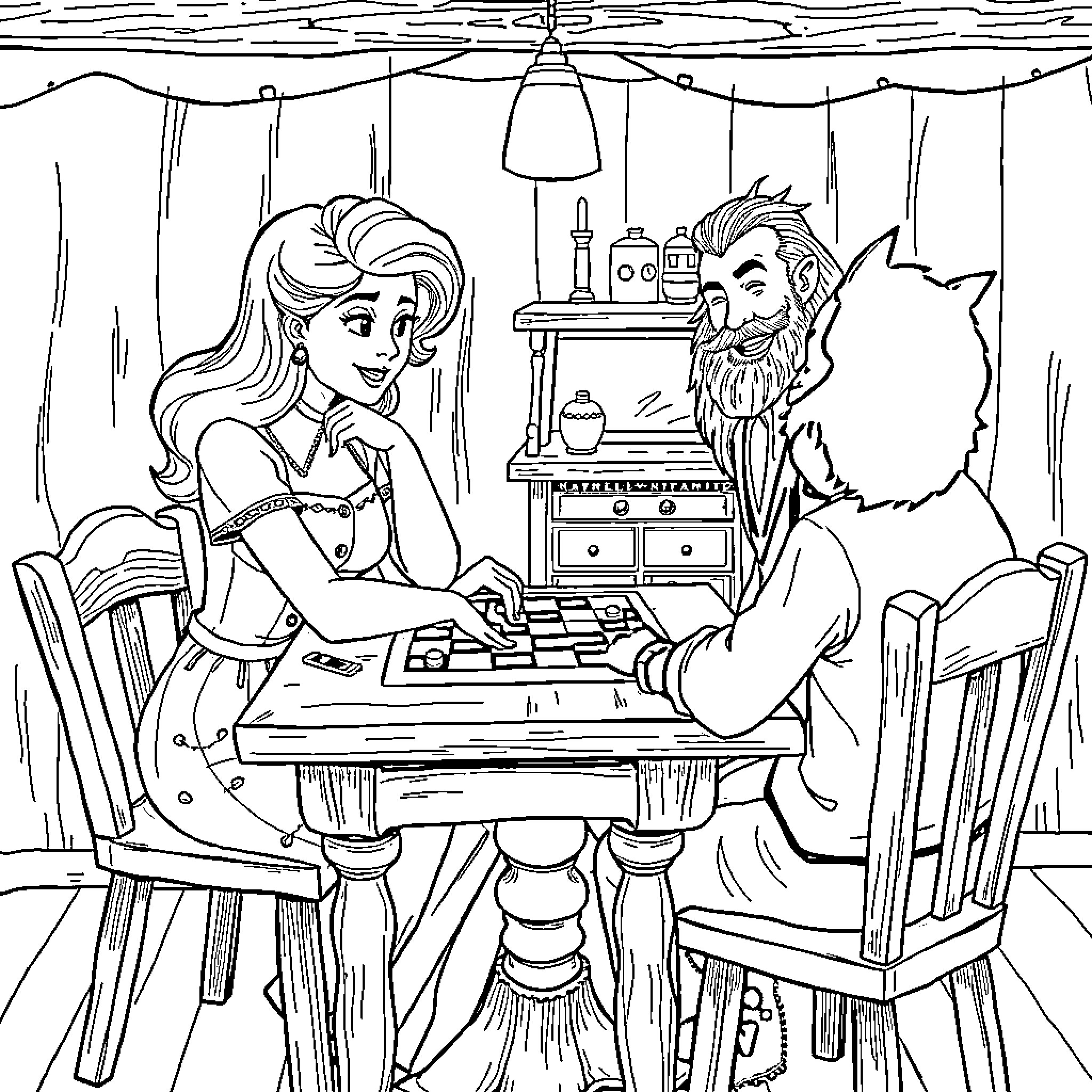 Snow White and the Bearded Man Playing Chess Coloring Page (free black-and-white line drawing printable PDF for all, from beginners to advanced learners, including children, teens, adults, and seniors)