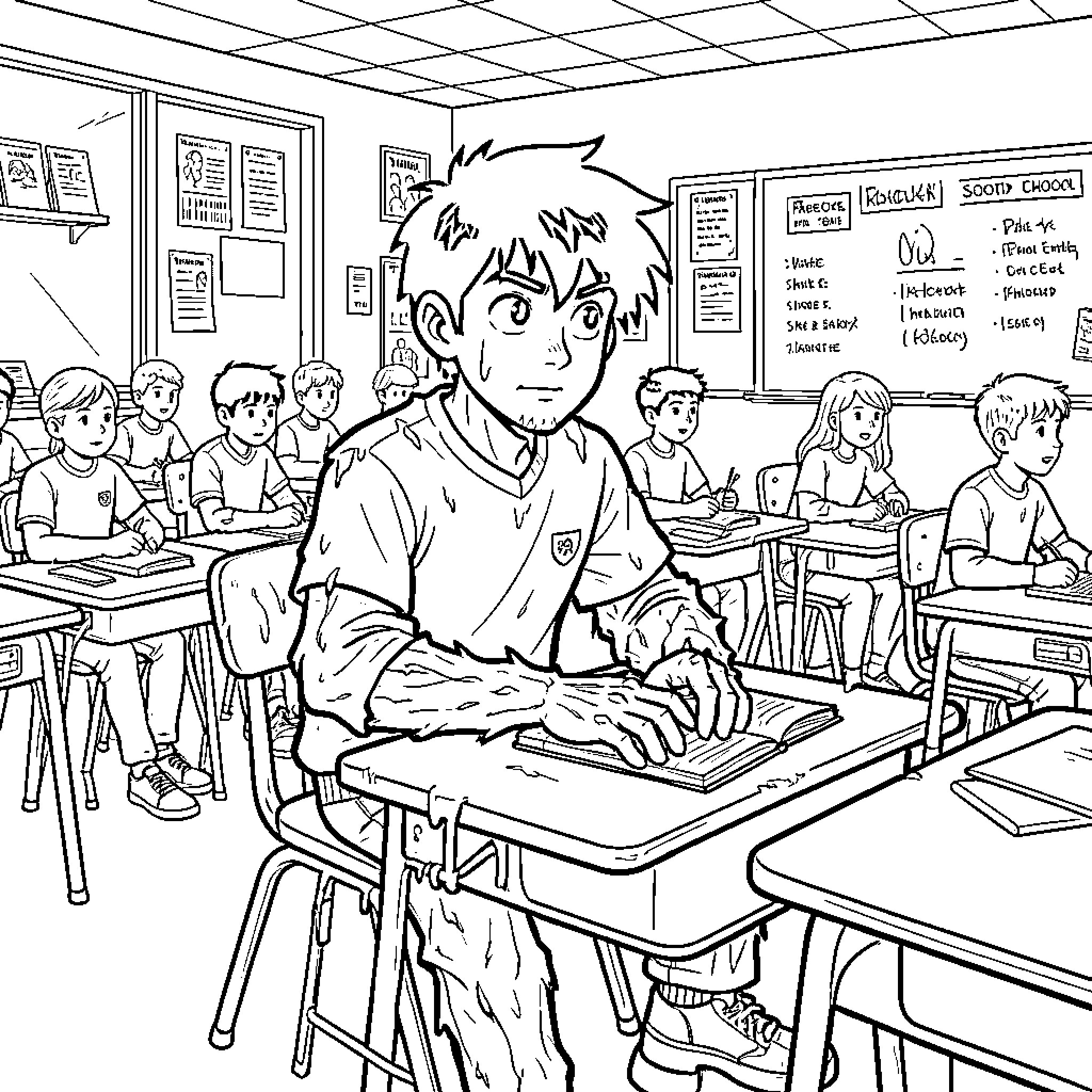 Monster student sitting at a desk in classroom Coloring Page (free black-and-white line drawing printable PDF for all, from beginners to advanced learners, including children, teens, adults, and seniors)