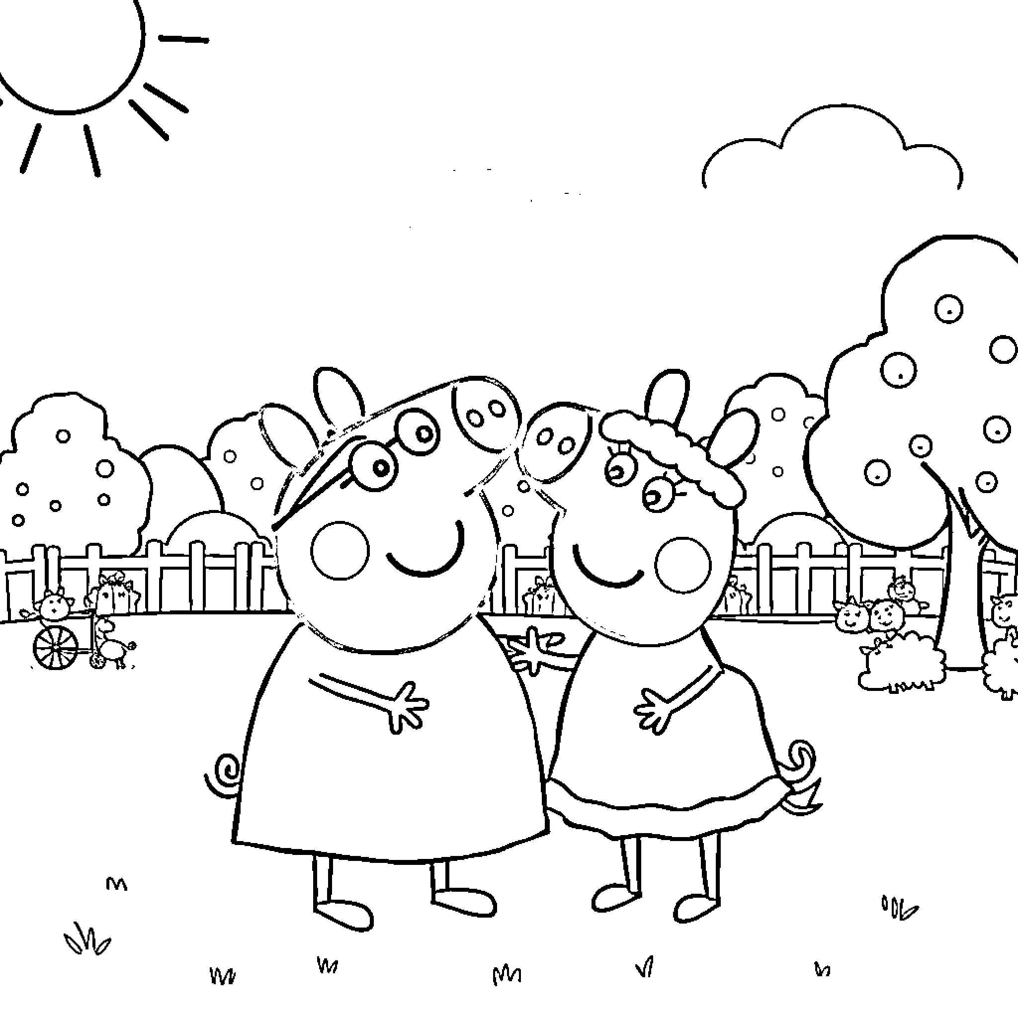 Peppa and friends enjoying a sunny day Coloring Page (free black-and-white line drawing printable PDF for all, from beginners to advanced learners, including children, teens, adults, and seniors)