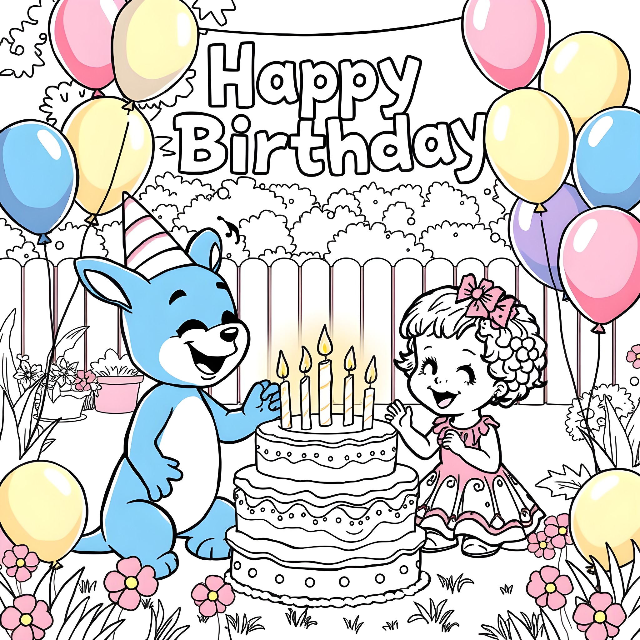 Bluey's Joyous Birthday Celebration Coloring Page (free black-and-white line drawing printable PDF for all, from beginners to advanced learners, including children, teens, adults, and seniors)