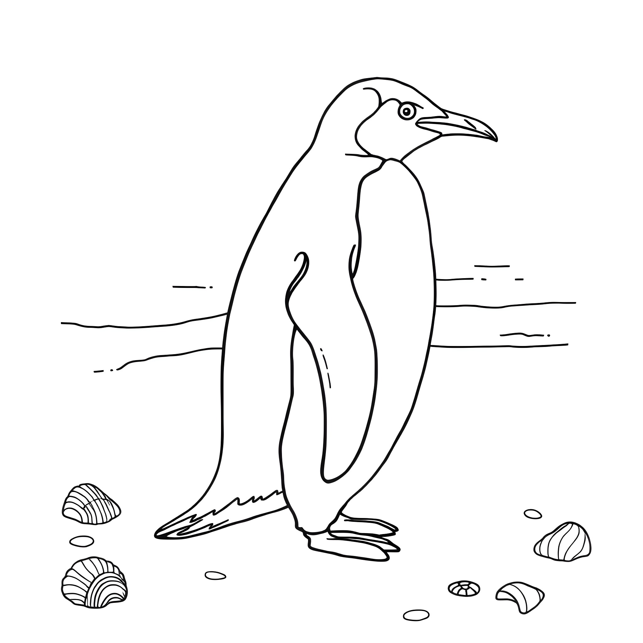 Penguin standing proudly on rocky terrain Coloring Page (free black-and-white line drawing printable PDF for all, from beginners to advanced learners, including children, teens, adults, and seniors)