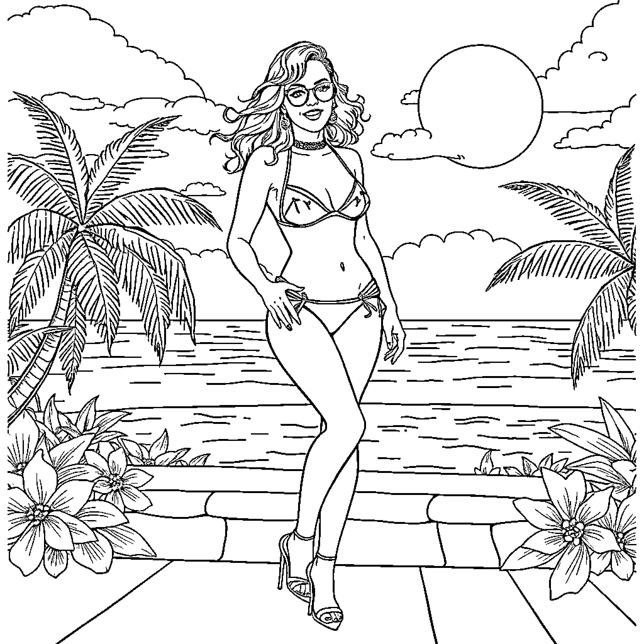 Katy Perry posing confidently in a tropical beach scene Coloring Page (free black-and-white line drawing printable PDF for all, from beginners to advanced learners, including children, teens, adults, and seniors)