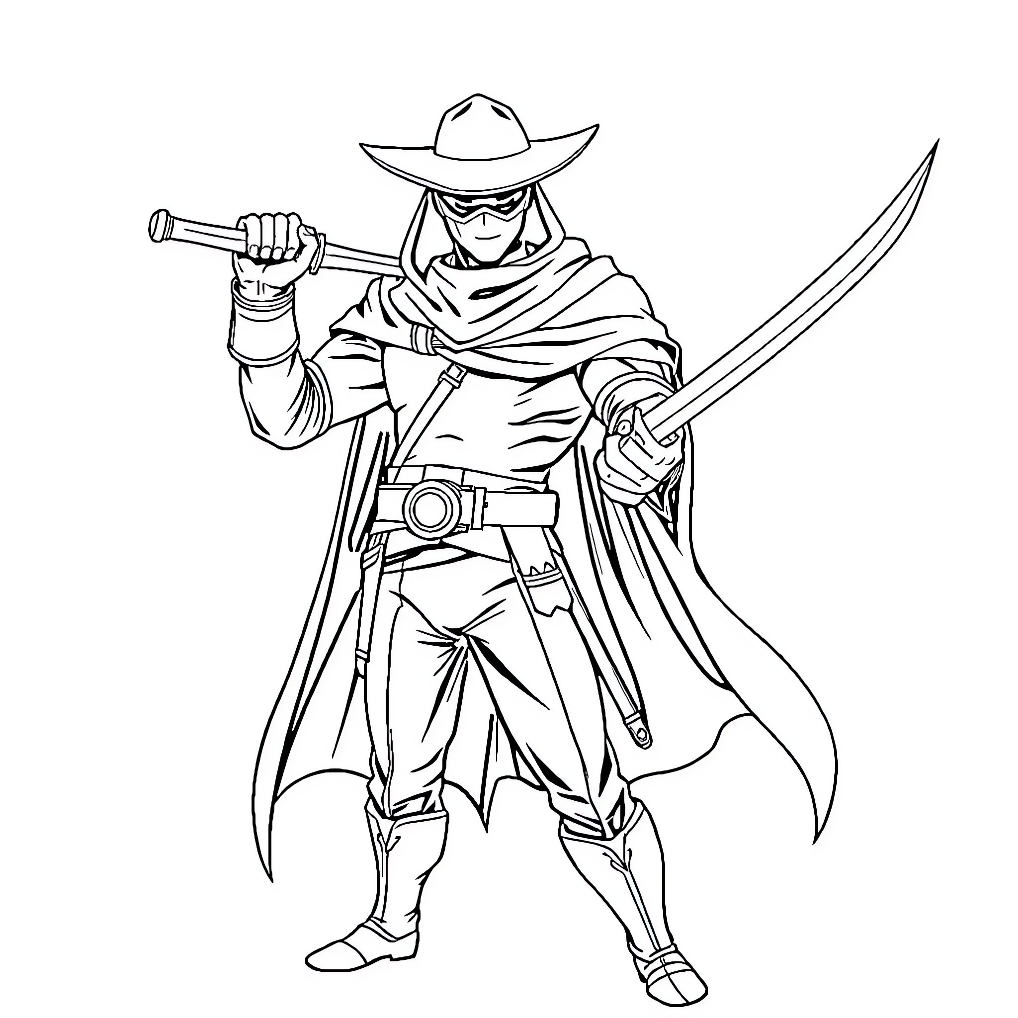 Zorro the masked vigilante in action Coloring Page (free black-and-white line drawing printable PDF for all, from beginners to advanced learners, including children, teens, adults, and seniors)