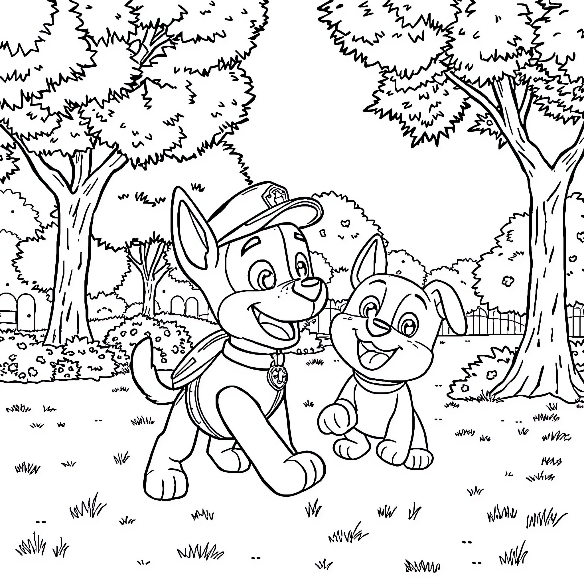 Chase of curious puppies in the park Coloring Page (free black-and-white line drawing printable PDF for all, from beginners to advanced learners, including children, teens, adults, and seniors)