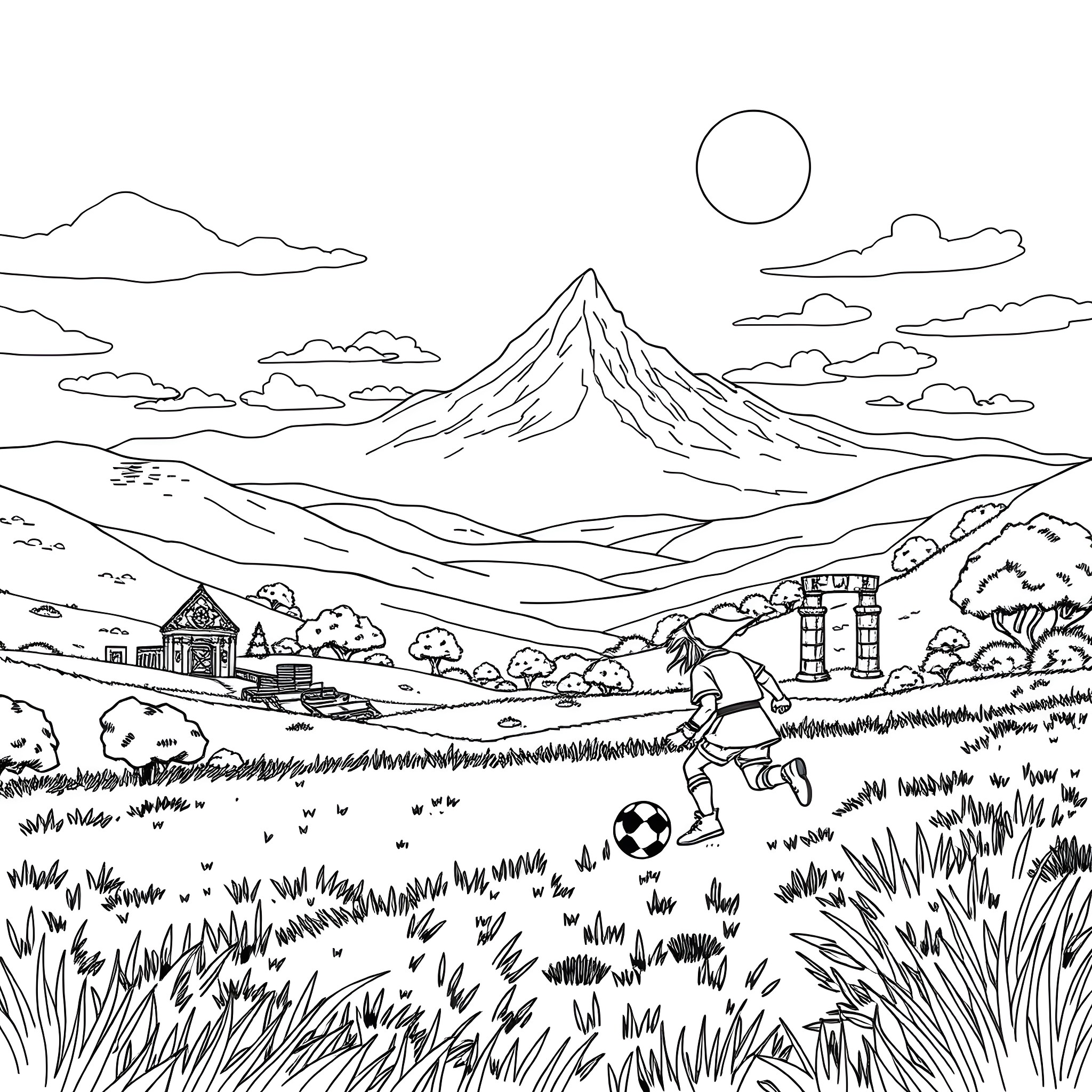Link playing soccer in the countryside Coloring Page (free black-and-white line drawing printable PDF for all, from beginners to advanced learners, including children, teens, adults, and seniors)