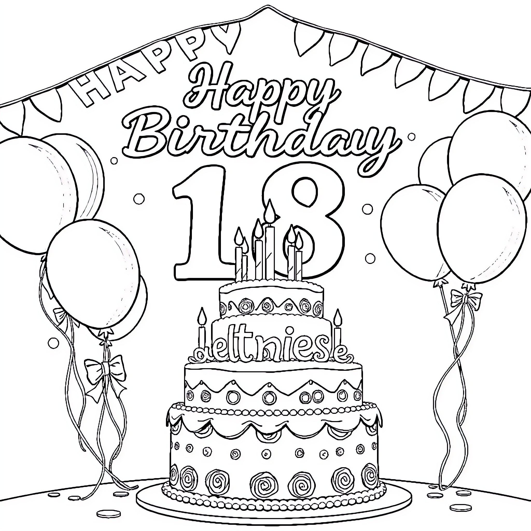 Birthday Girl Celebrating 18th Birthday with Cake and Balloons Coloring Page (free black-and-white line drawing printable PDF for all, from beginners to advanced learners, including children, teens, adults, and seniors)