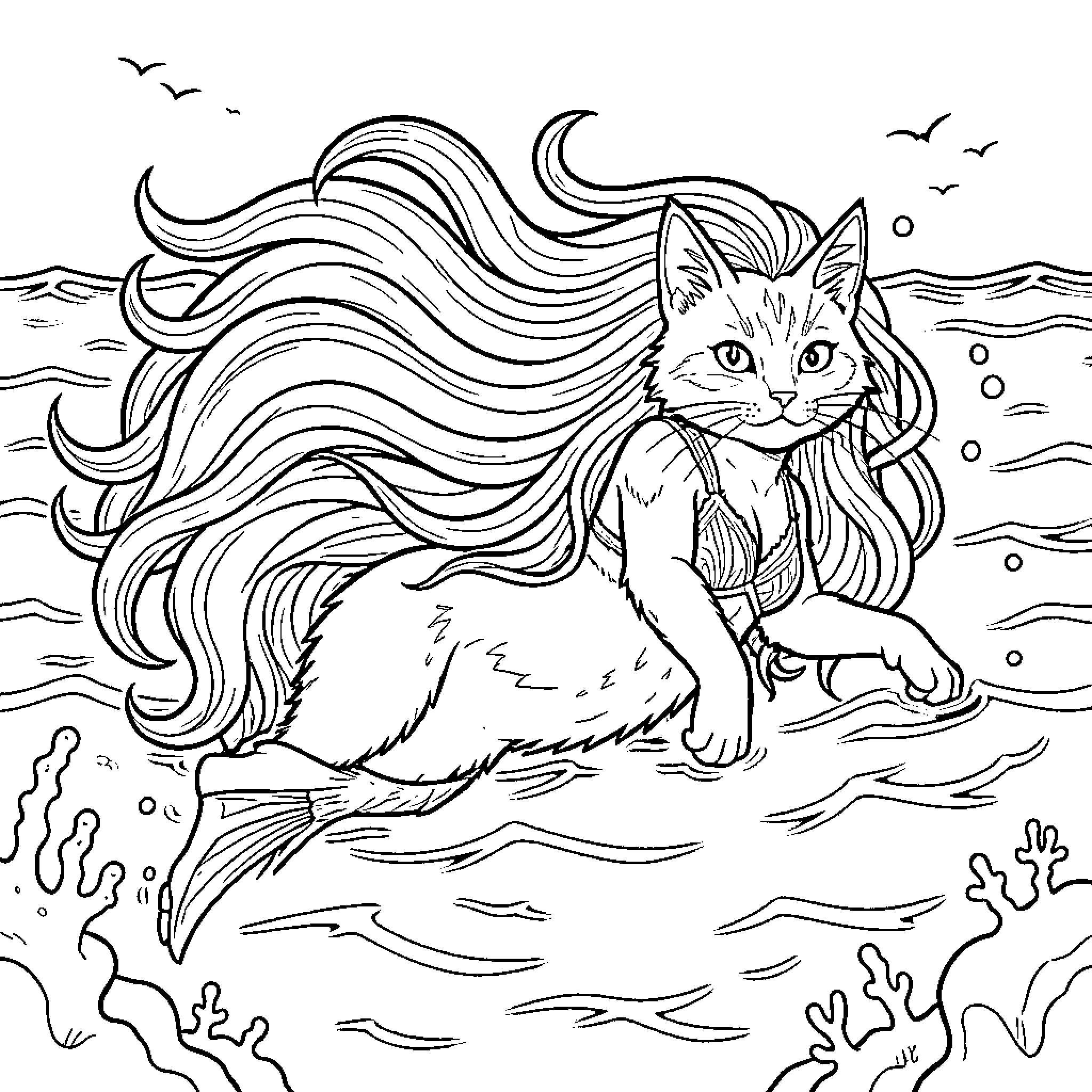 Cat-Siren with Flowing Fur in a Wavy Ocean Coloring Page (free black-and-white line drawing printable PDF for all, from beginners to advanced learners, including children, teens, adults, and seniors)