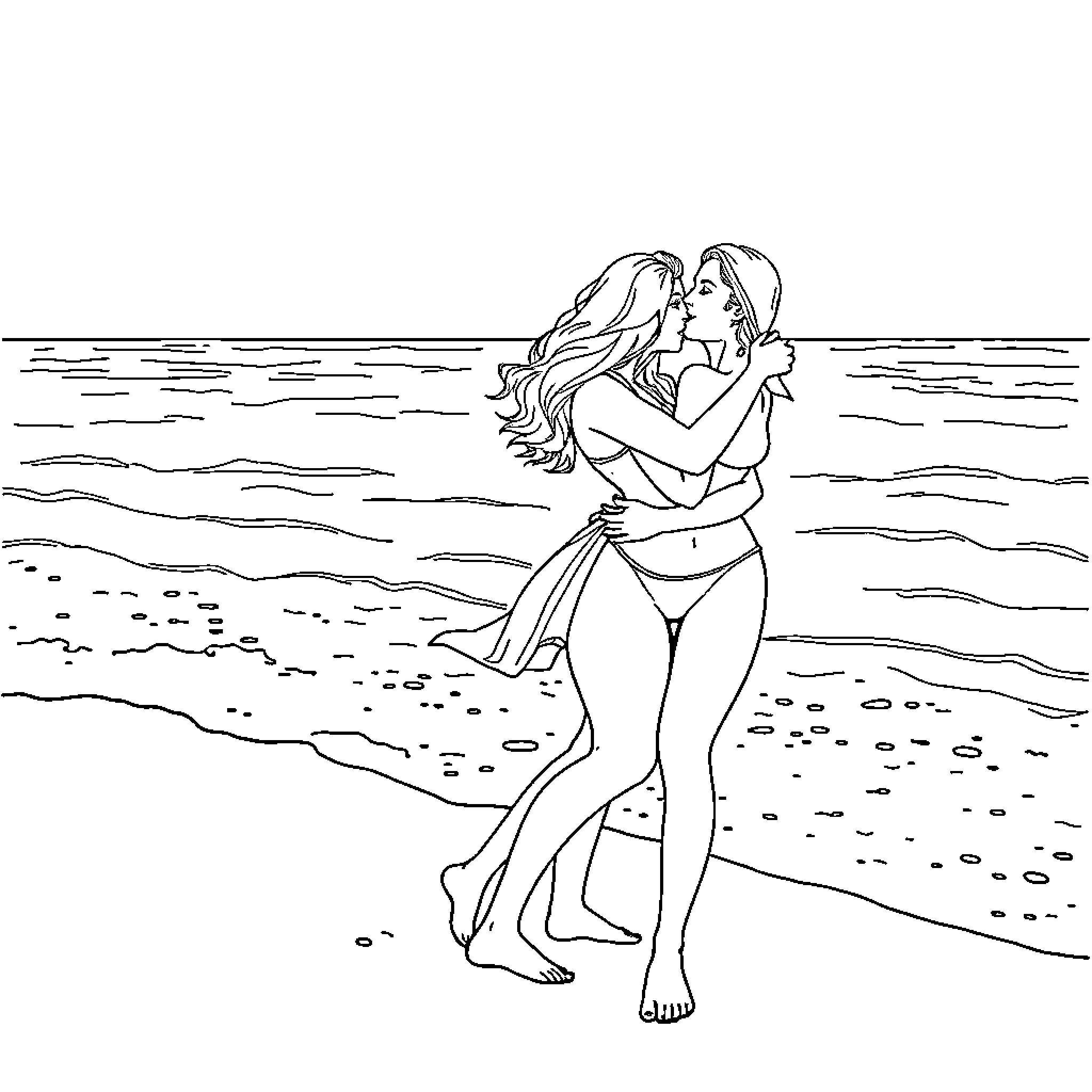 Lesbian couple embracing on the beach Coloring Page (free black-and-white line drawing printable PDF for all, from beginners to advanced learners, including children, teens, adults, and seniors)