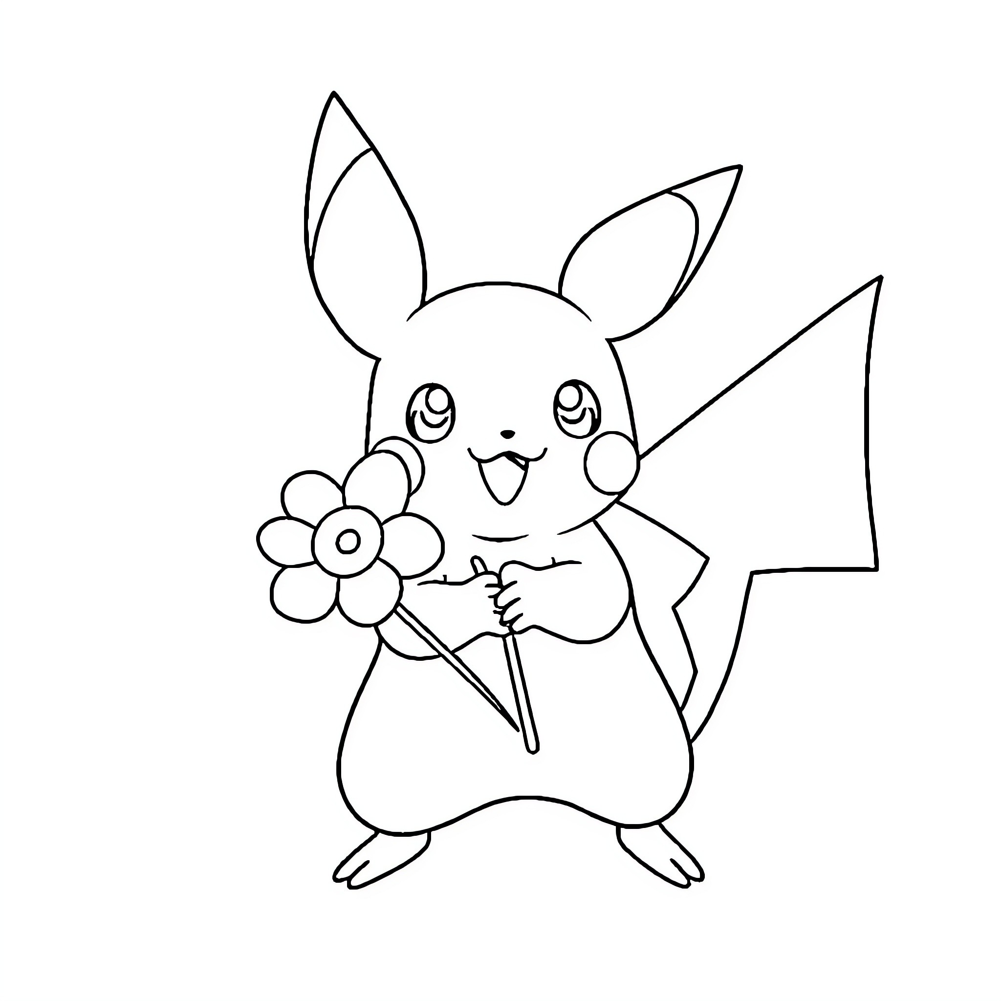 Raichu holding a flower cheerfully Coloring Page (free black-and-white line drawing printable PDF for all, from beginners to advanced learners, including children, teens, adults, and seniors)