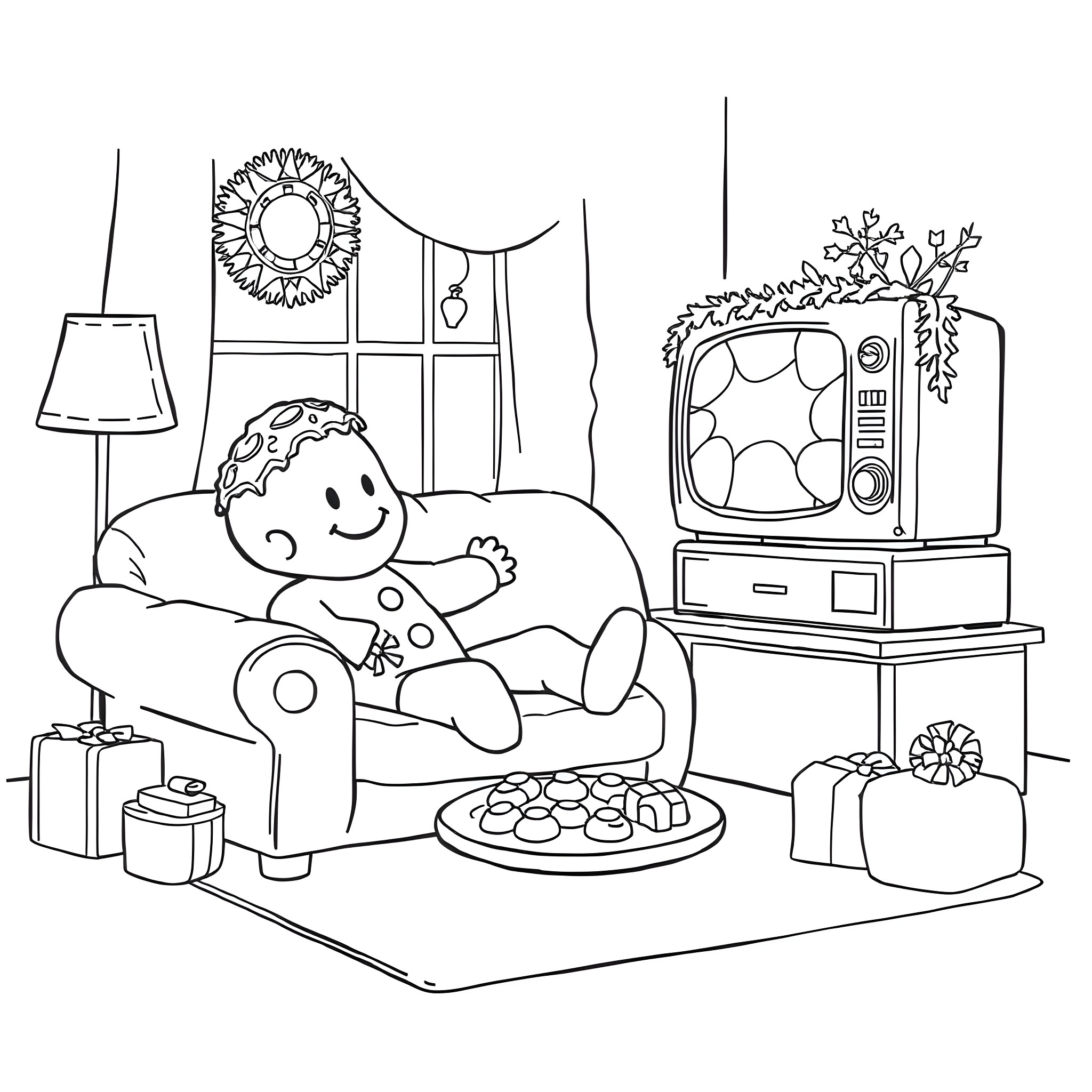 Gingerbread Man relaxing at home with holiday decor Coloring Page (free black-and-white line drawing printable PDF for all, from beginners to advanced learners, including children, teens, adults, and seniors)