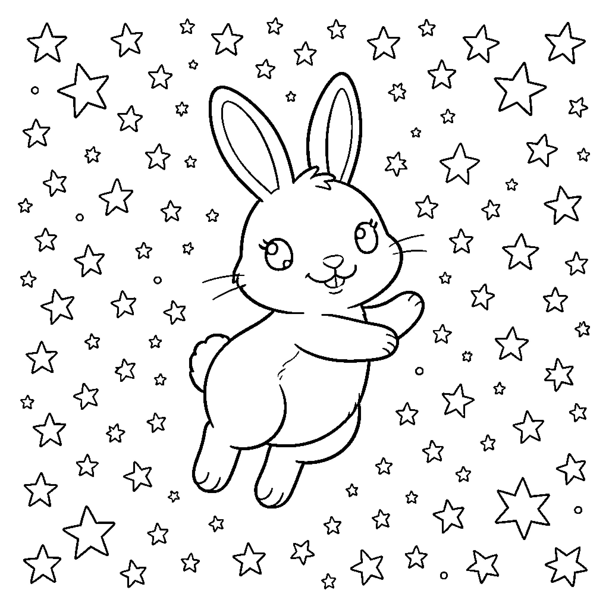 Conejo amigable rodeado de estrellas brillantes Coloring Page (free black-and-white line drawing printable PDF for all, from beginners to advanced learners, including children, teens, adults, and seniors)