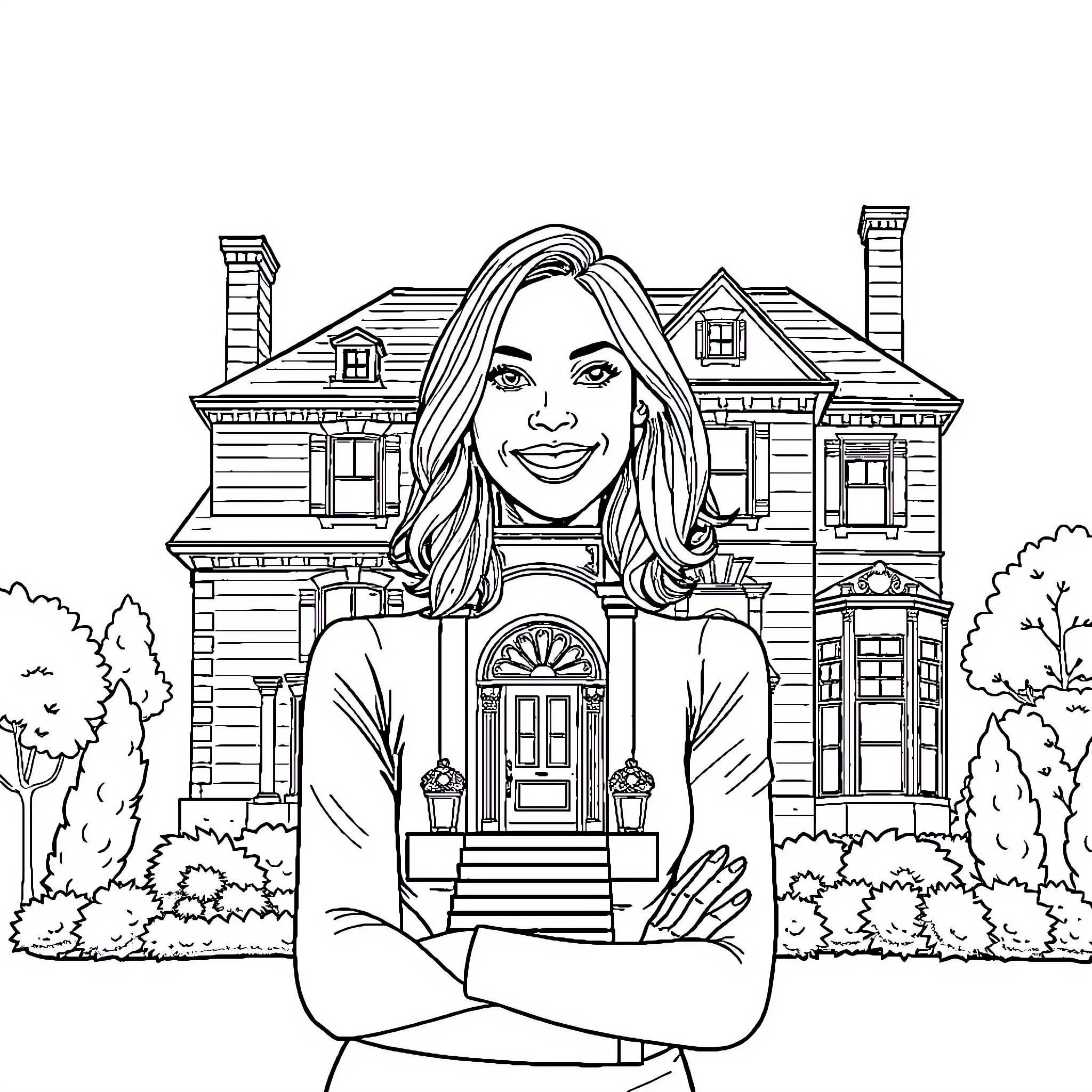 Realtor Proudly Presenting Charming Estate Home Coloring Page (free black-and-white line drawing printable PDF for all, from beginners to advanced learners, including children, teens, adults, and seniors)