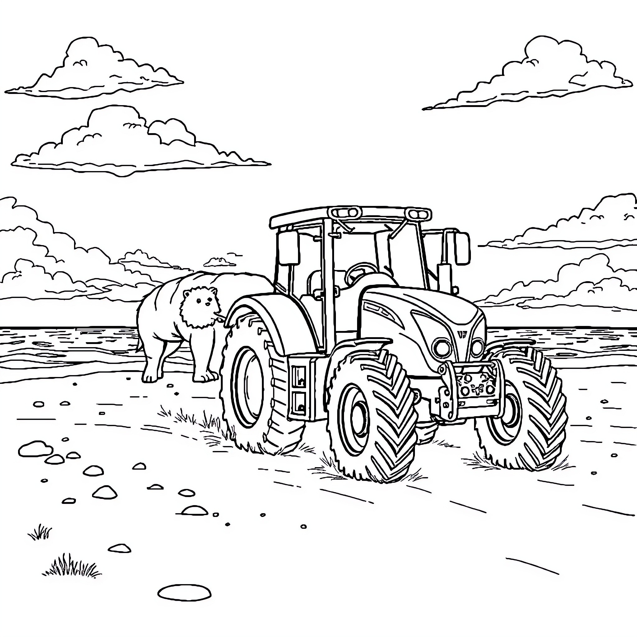 Tractor plowing field with curious animal Coloring Page (free black-and-white line drawing printable PDF for all, from beginners to advanced learners, including children, teens, adults, and seniors)