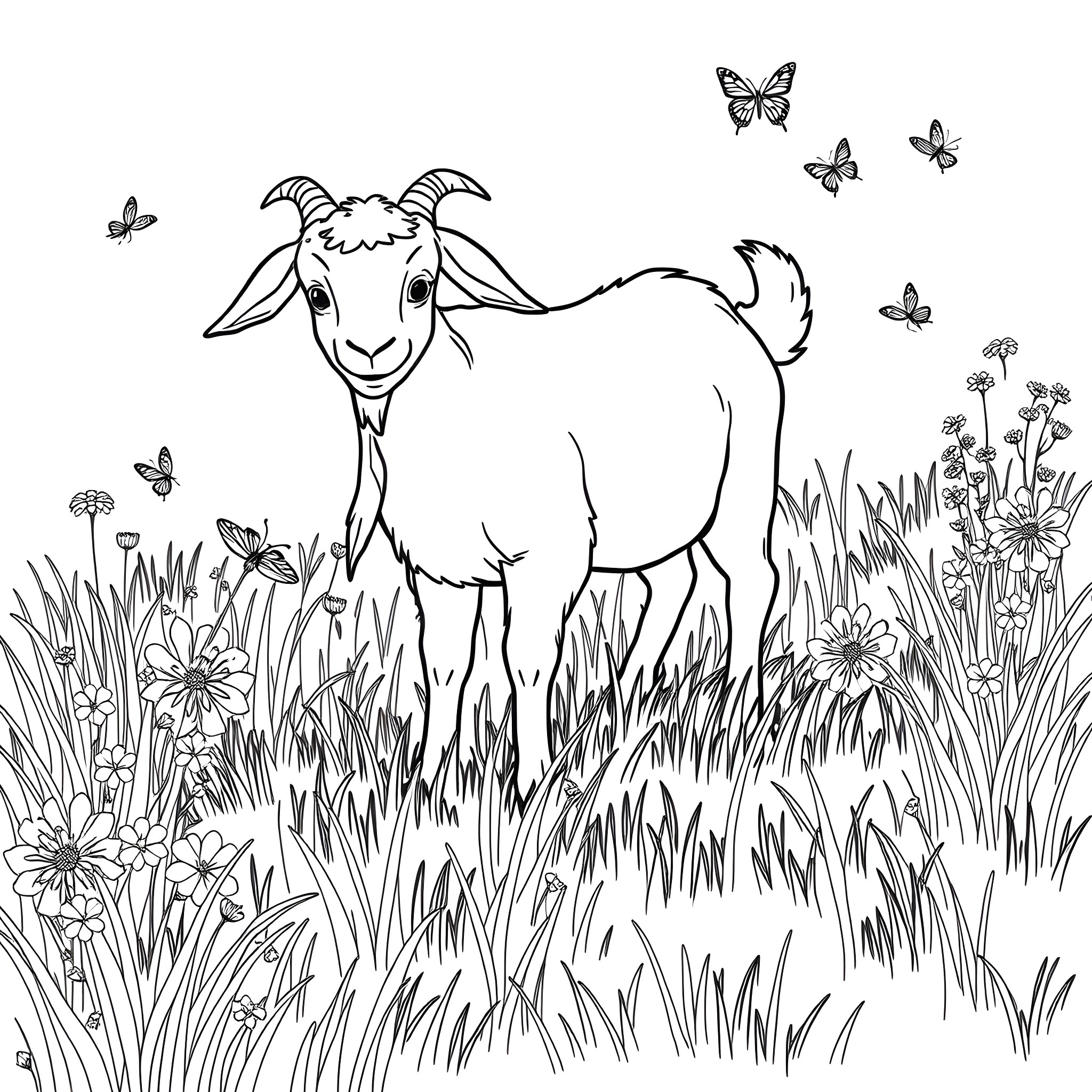 Goat grazing in a field of flowers with butterflies Coloring Page (free black-and-white line drawing printable PDF for all, from beginners to advanced learners, including children, teens, adults, and seniors)