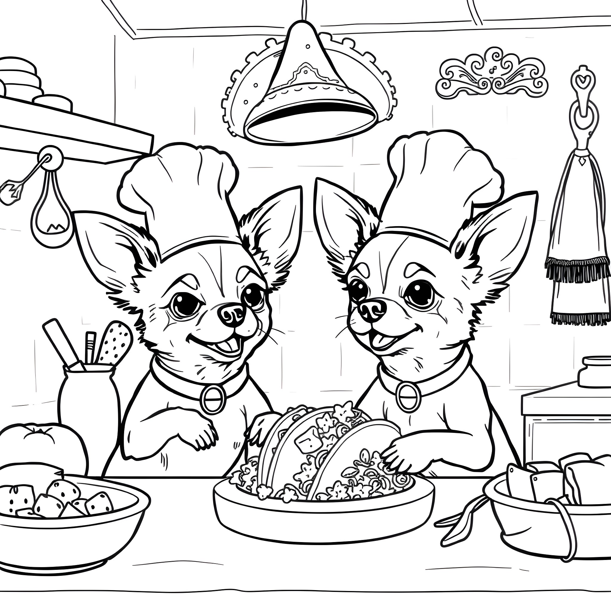 Chihuahua chefs preparing a meal in the kitchen Coloring Page (free black-and-white line drawing printable PDF for all, from beginners to advanced learners, including children, teens, adults, and seniors)