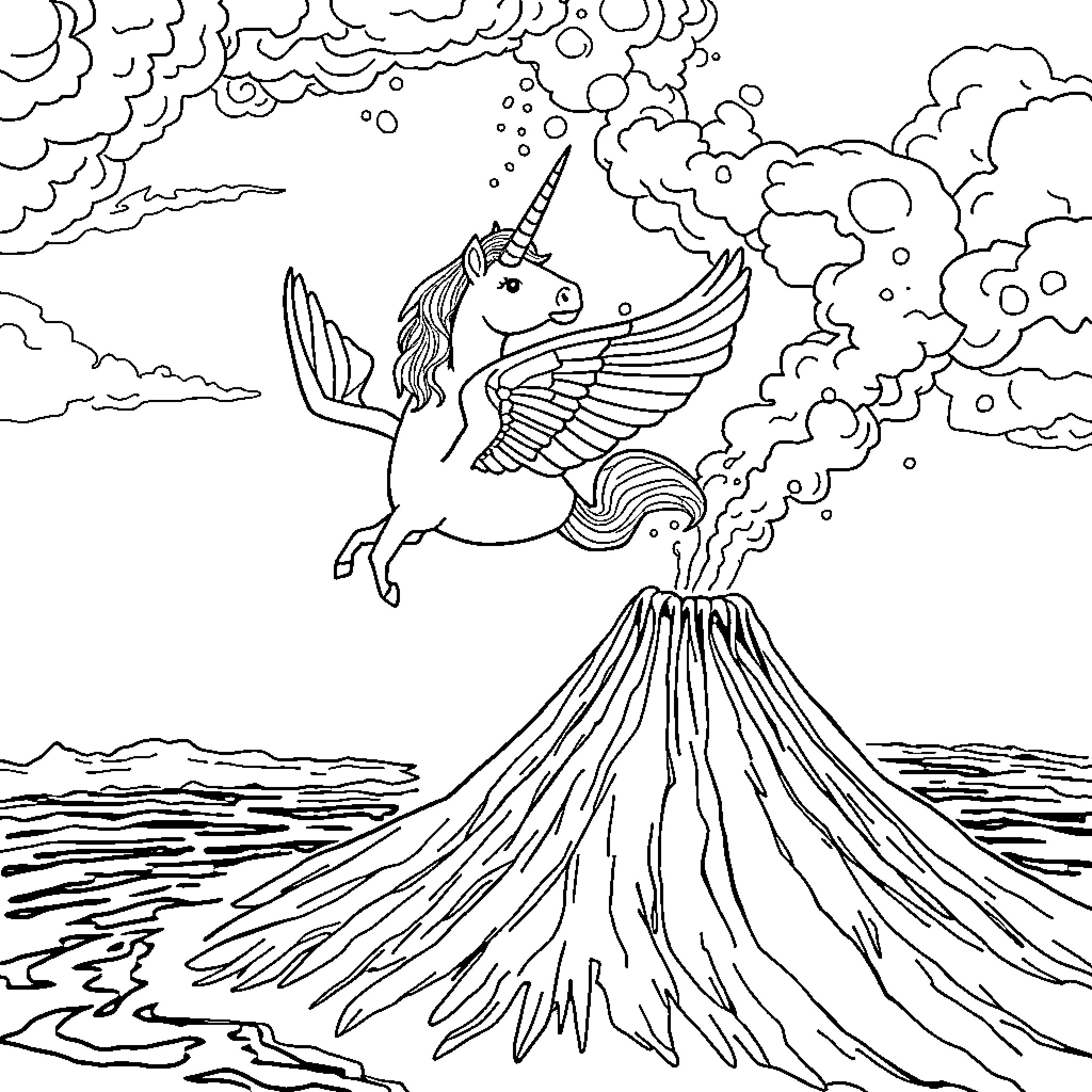 Unicorn soaring through magical clouds Coloring Page (free black-and-white line drawing printable PDF for all, from beginners to advanced learners, including children, teens, adults, and seniors)