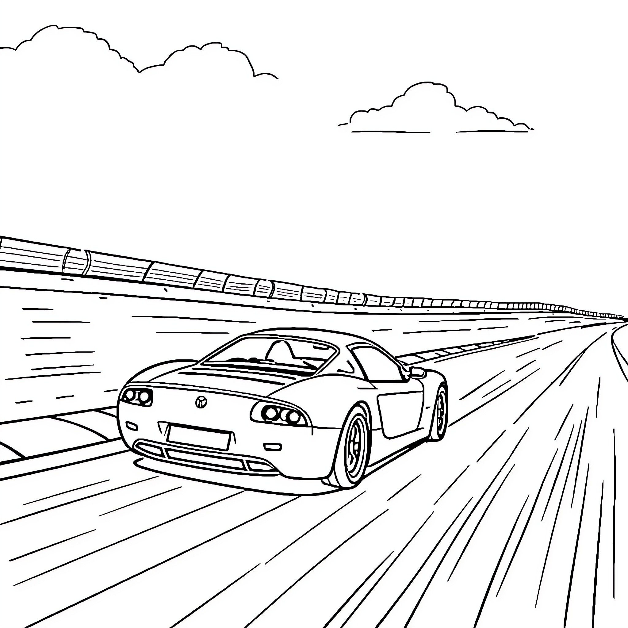 Car speeding down the highway Coloring Page (free black-and-white line drawing printable PDF for all, from beginners to advanced learners, including children, teens, adults, and seniors)