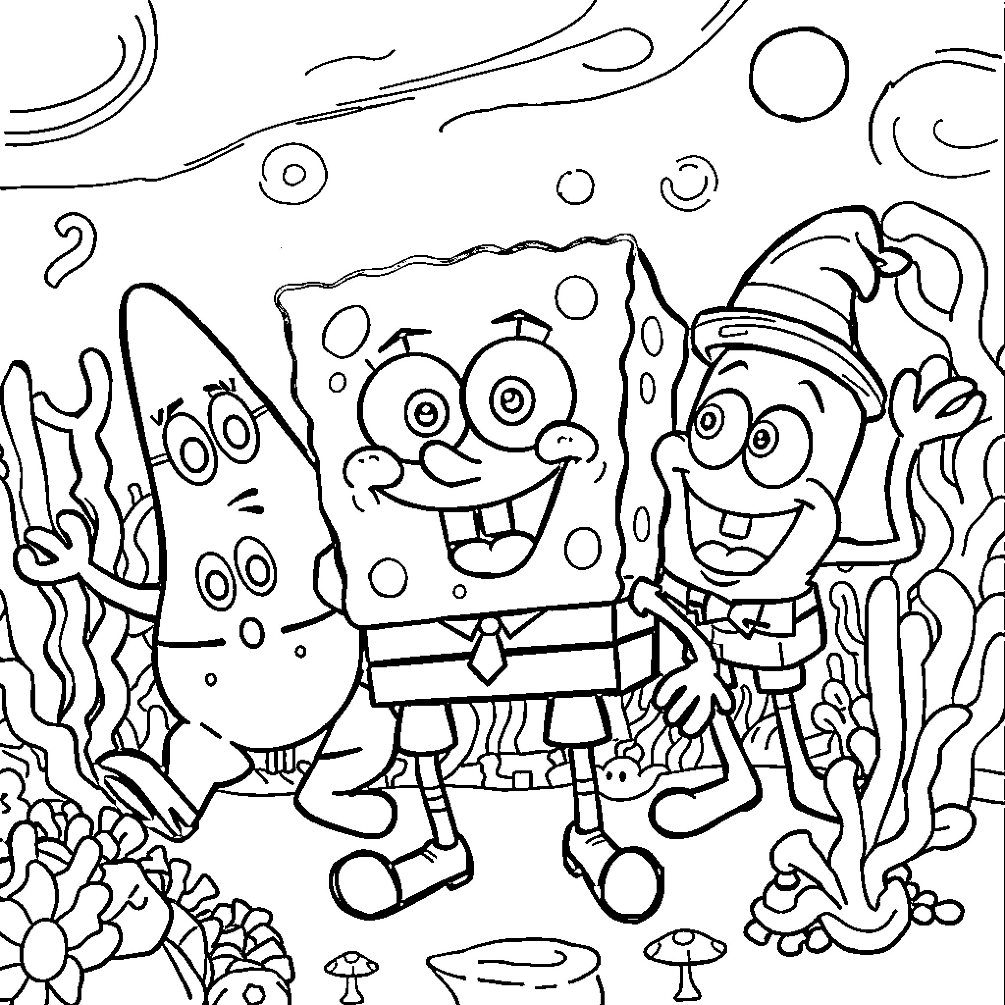 Spongebob and Patrick having a joyful underwater adventure Coloring Page (free black-and-white line drawing printable PDF for all, from beginners to advanced learners, including children, teens, adults, and seniors)