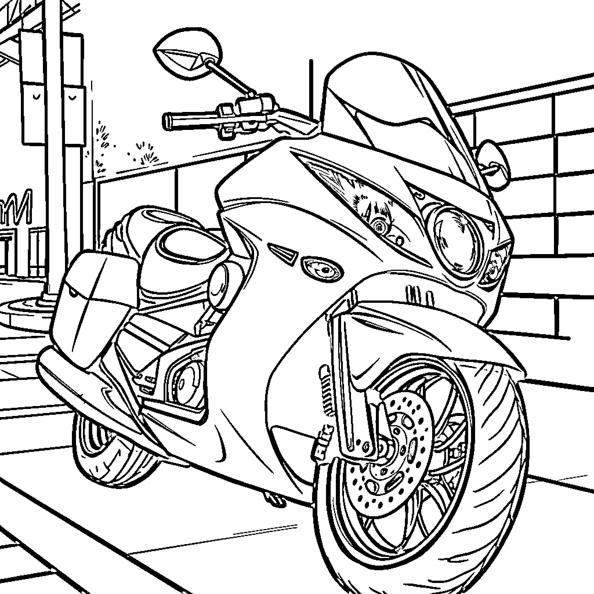 Moto Bike in Repair Workshop Coloring Page (free black-and-white line drawing printable PDF for all, from beginners to advanced learners, including children, teens, adults, and seniors)