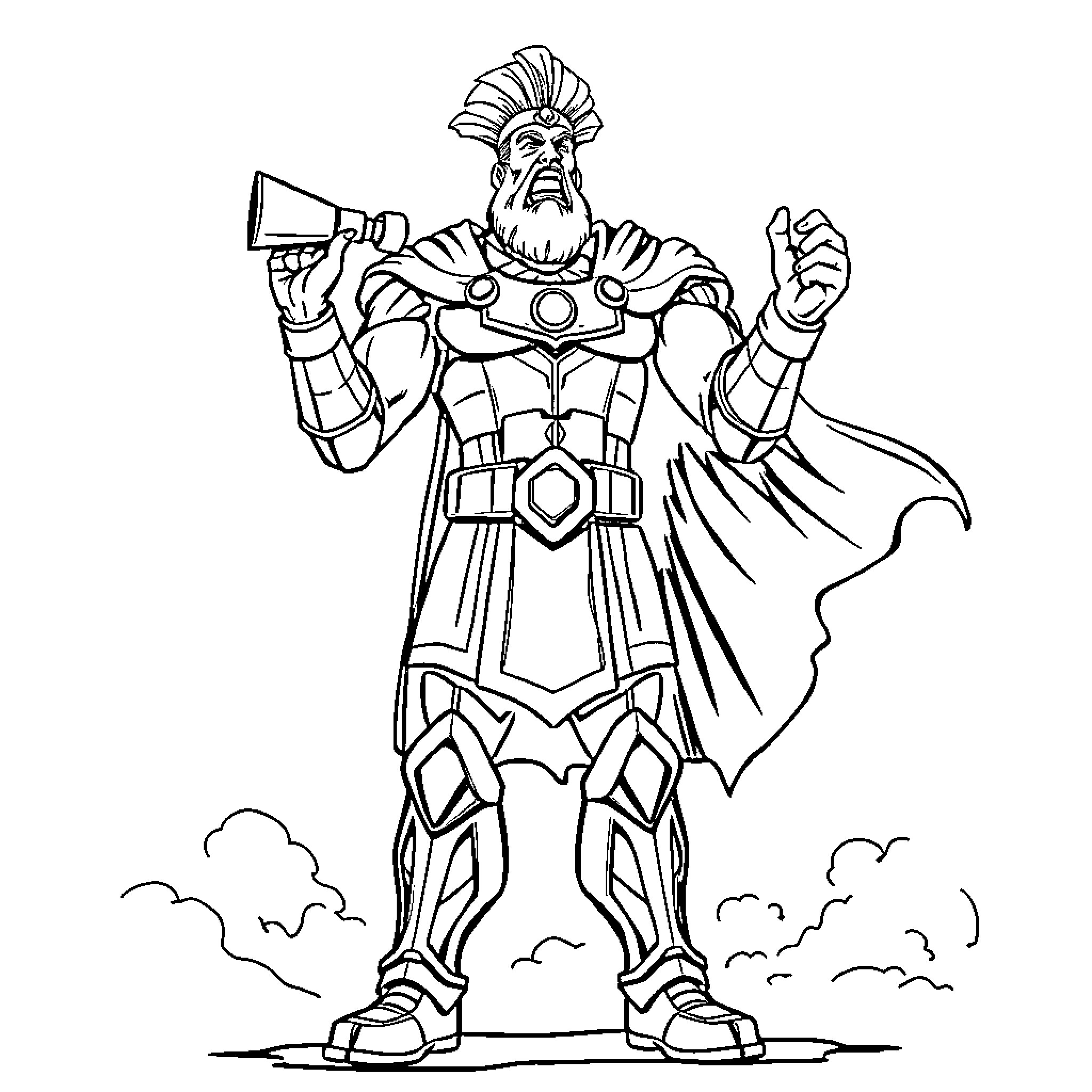 Titan warrior in battle-ready pose Coloring Page (free black-and-white line drawing printable PDF for all, from beginners to advanced learners, including children, teens, adults, and seniors)