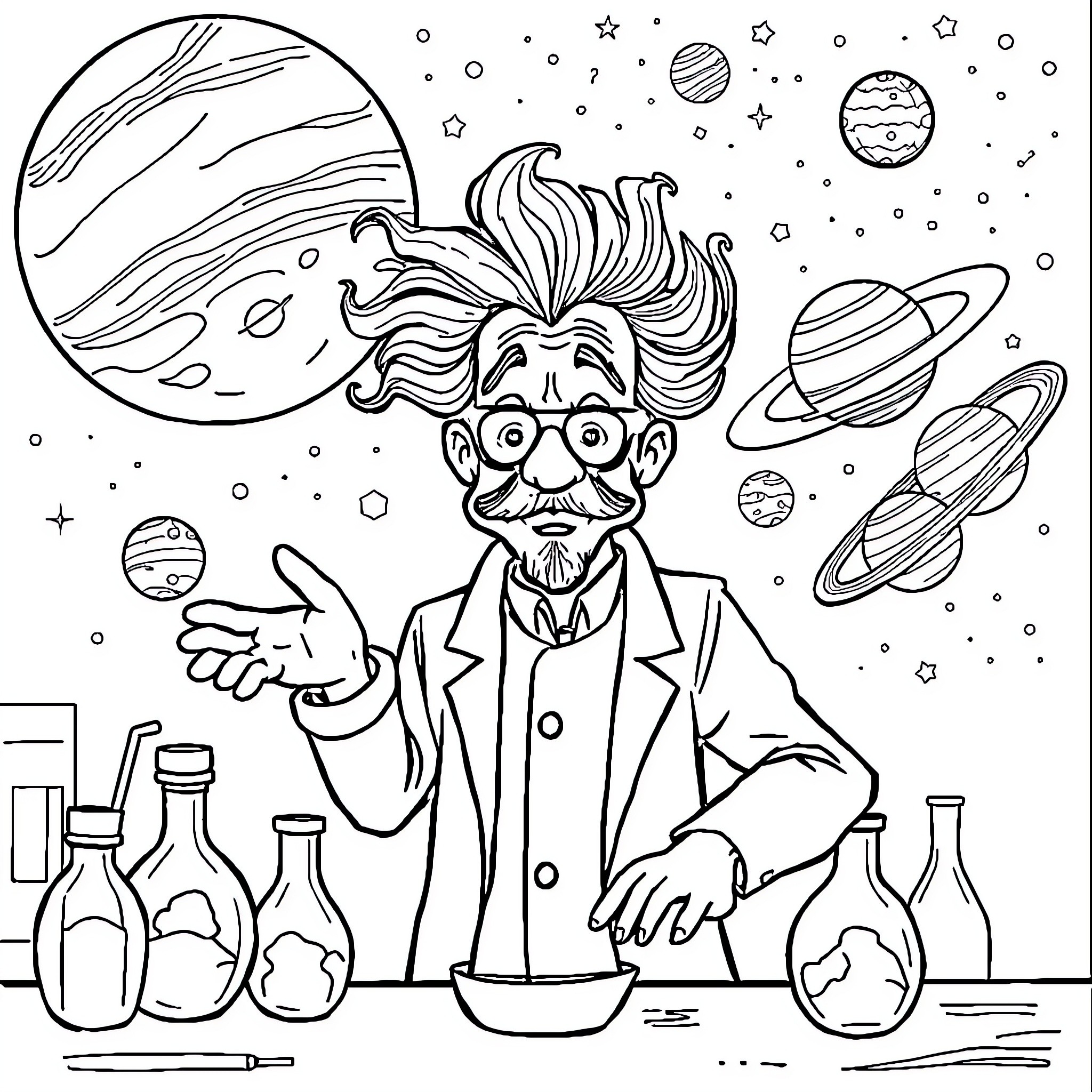 Professeur concocte une création astrale Coloring Page (free black-and-white line drawing printable PDF for all, from beginners to advanced learners, including children, teens, adults, and seniors)