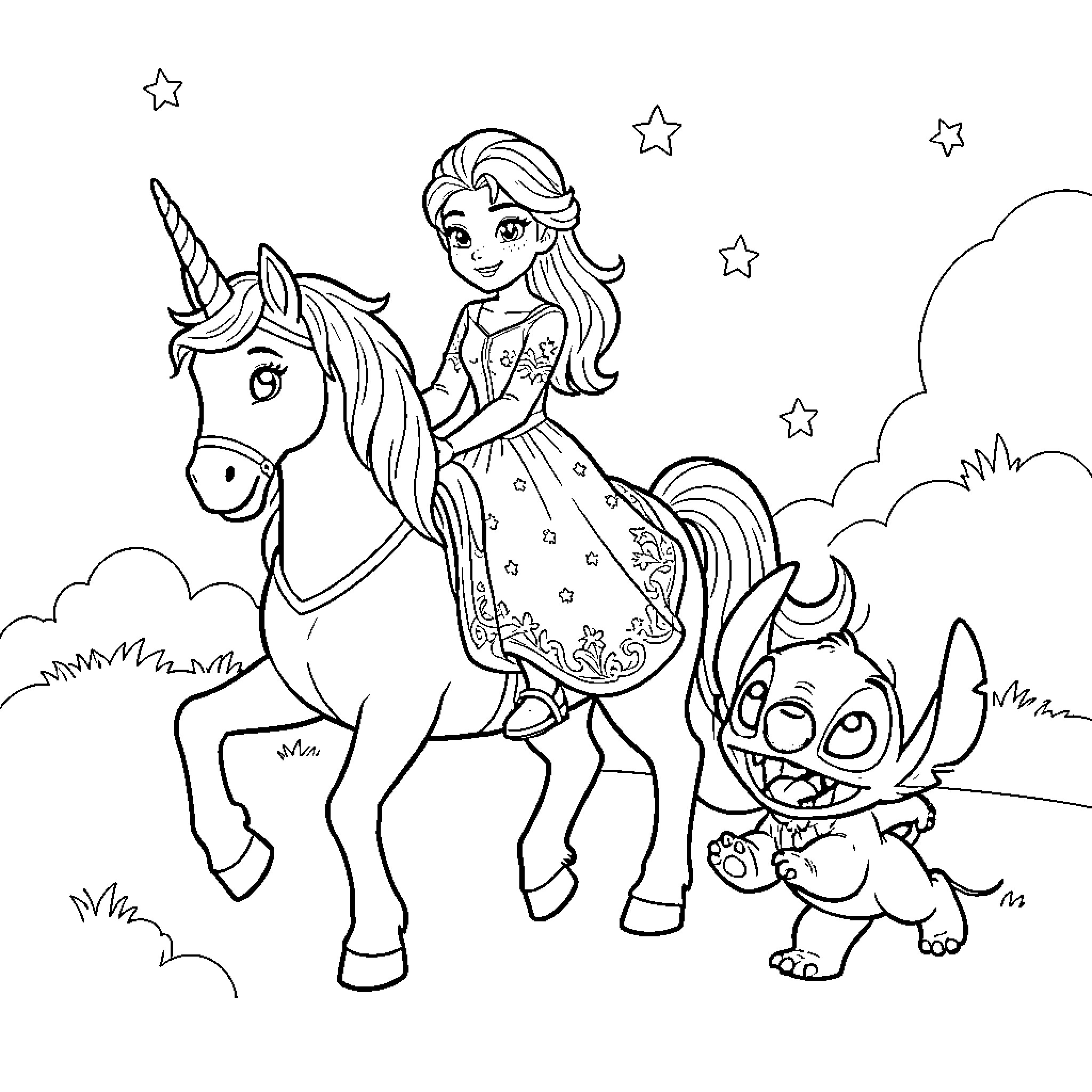 Elsa riding a unicorn alongside a happy Stitch Coloring Page (free black-and-white line drawing printable PDF for all, from beginners to advanced learners, including children, teens, adults, and seniors)