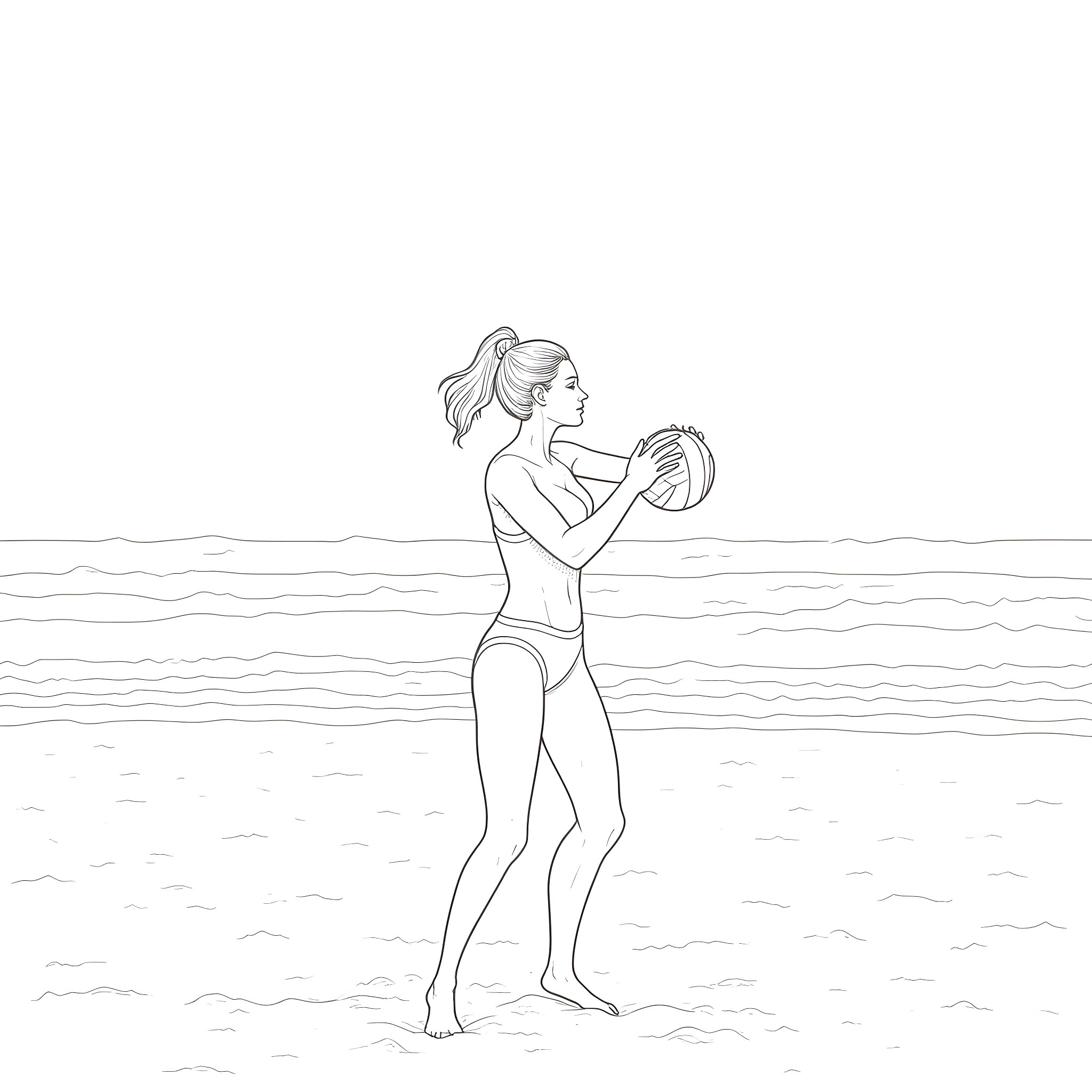 Scarlett Johansson playing with beach ball in the ocean Coloring Page (free black-and-white line drawing printable PDF for all, from beginners to advanced learners, including children, teens, adults, and seniors)