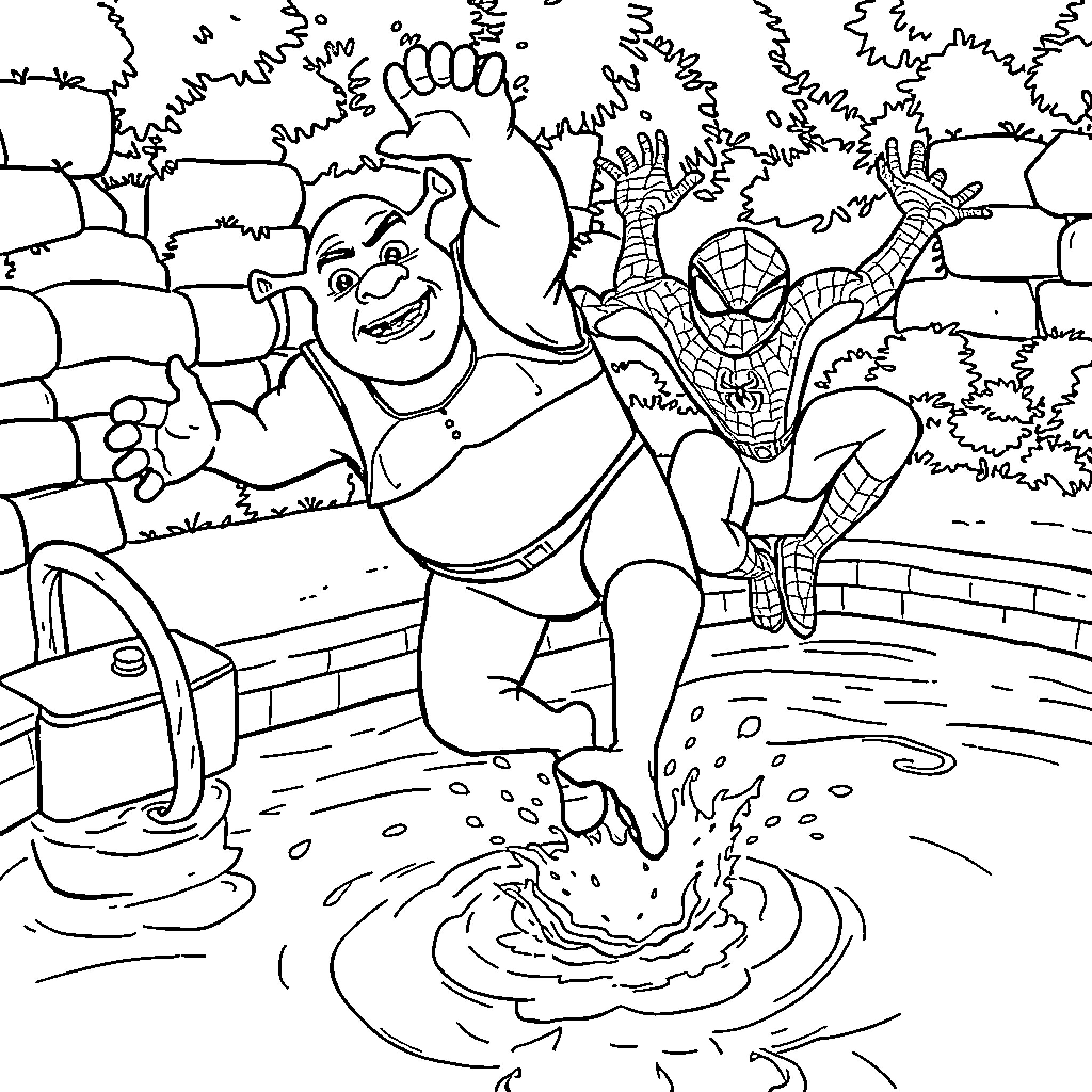 Shrek and Spiderman playing together in the garden Coloring Page (free black-and-white line drawing printable PDF for all, from beginners to advanced learners, including children, teens, adults, and seniors)