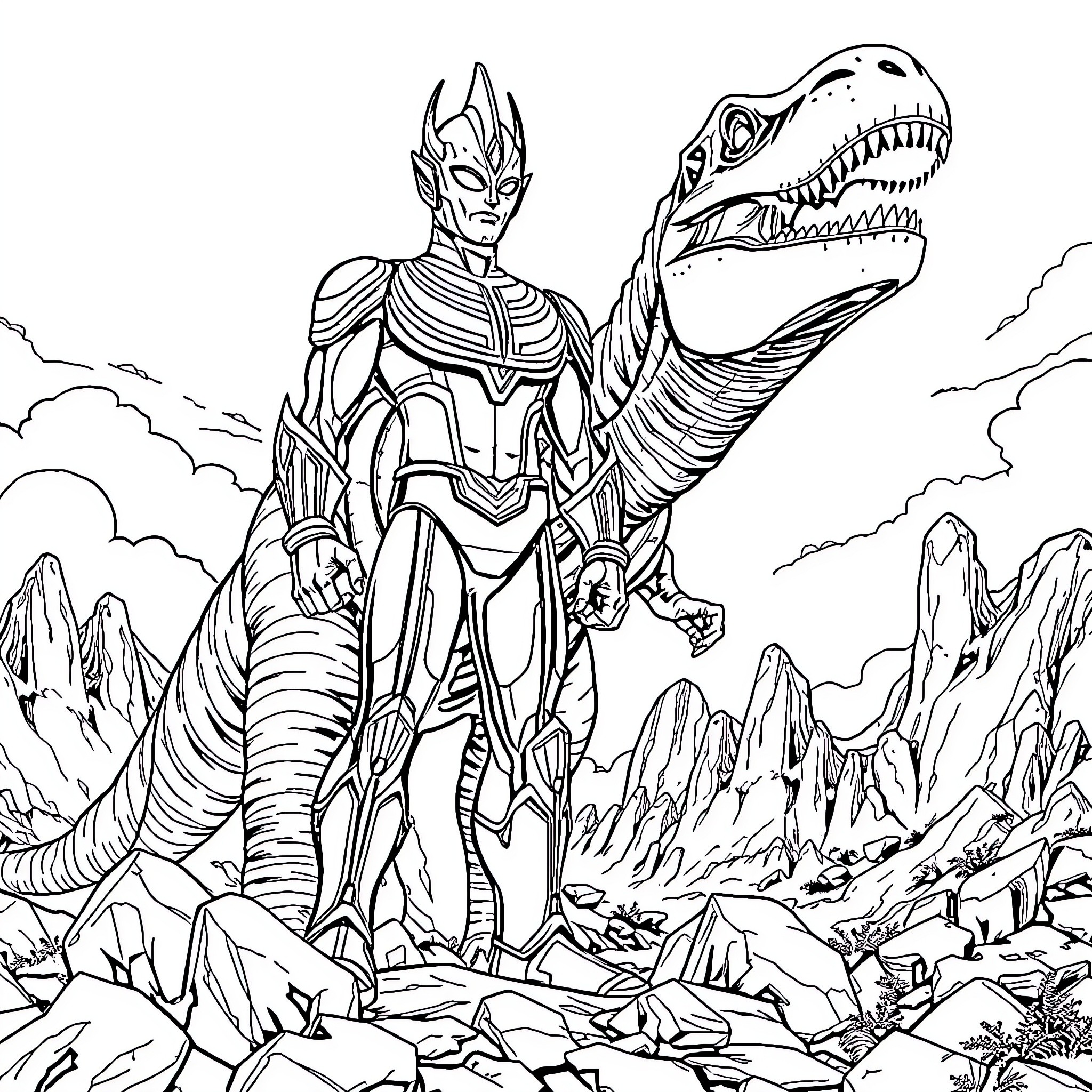 Ultraman confronting a fearsome dinosaur-like creature Coloring Page (free black-and-white line drawing printable PDF for all, from beginners to advanced learners, including children, teens, adults, and seniors)