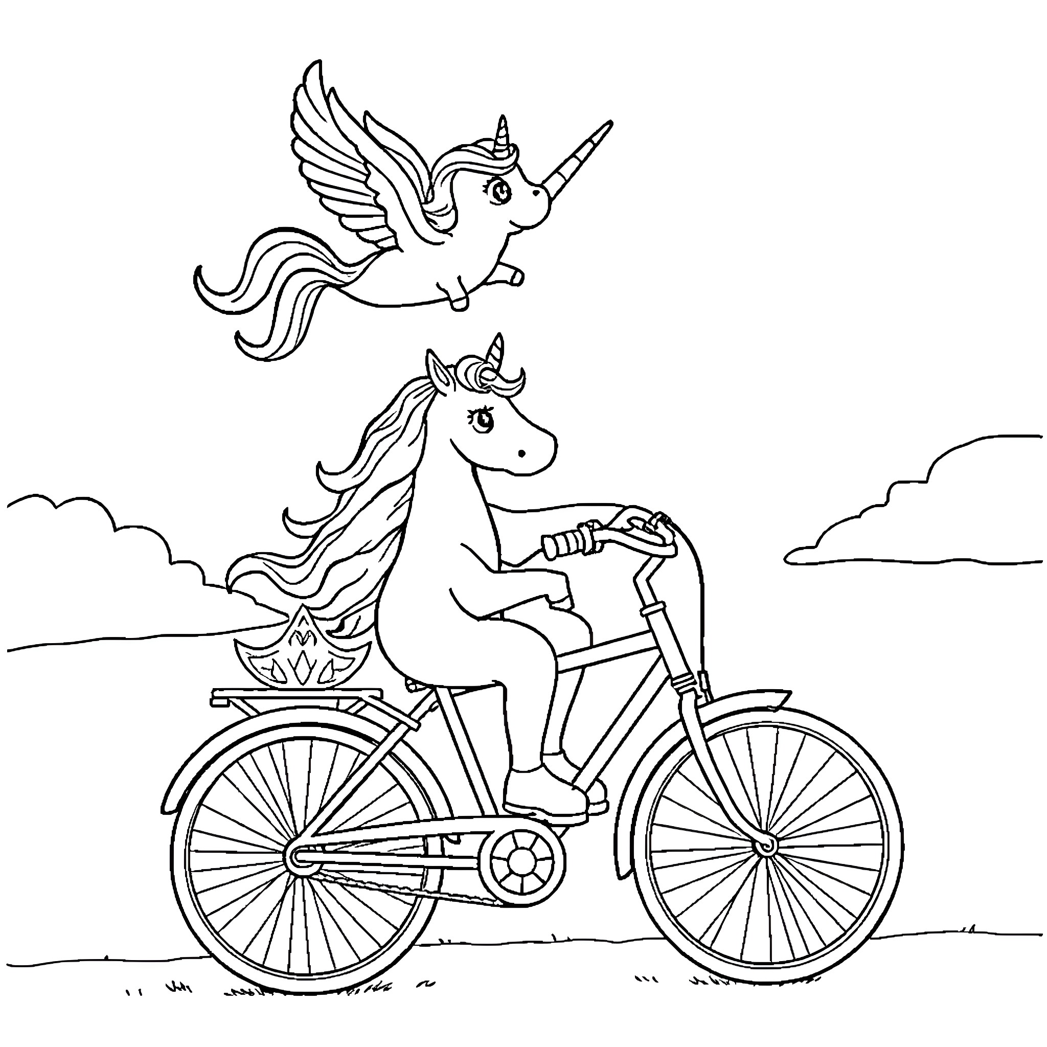 Unicorn riding a bicycle with a flying companion Coloring Page (free black-and-white line drawing printable PDF for all, from beginners to advanced learners, including children, teens, adults, and seniors)