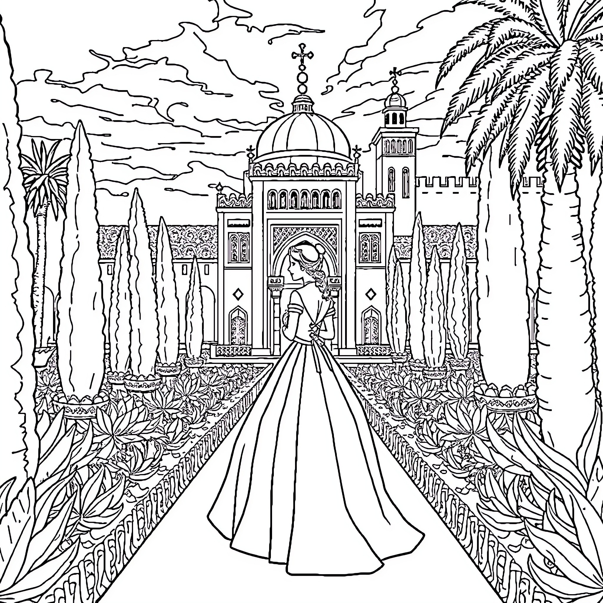 Princess in a majestic castle garden Coloring Page (free black-and-white line drawing printable PDF for all, from beginners to advanced learners, including children, teens, adults, and seniors)