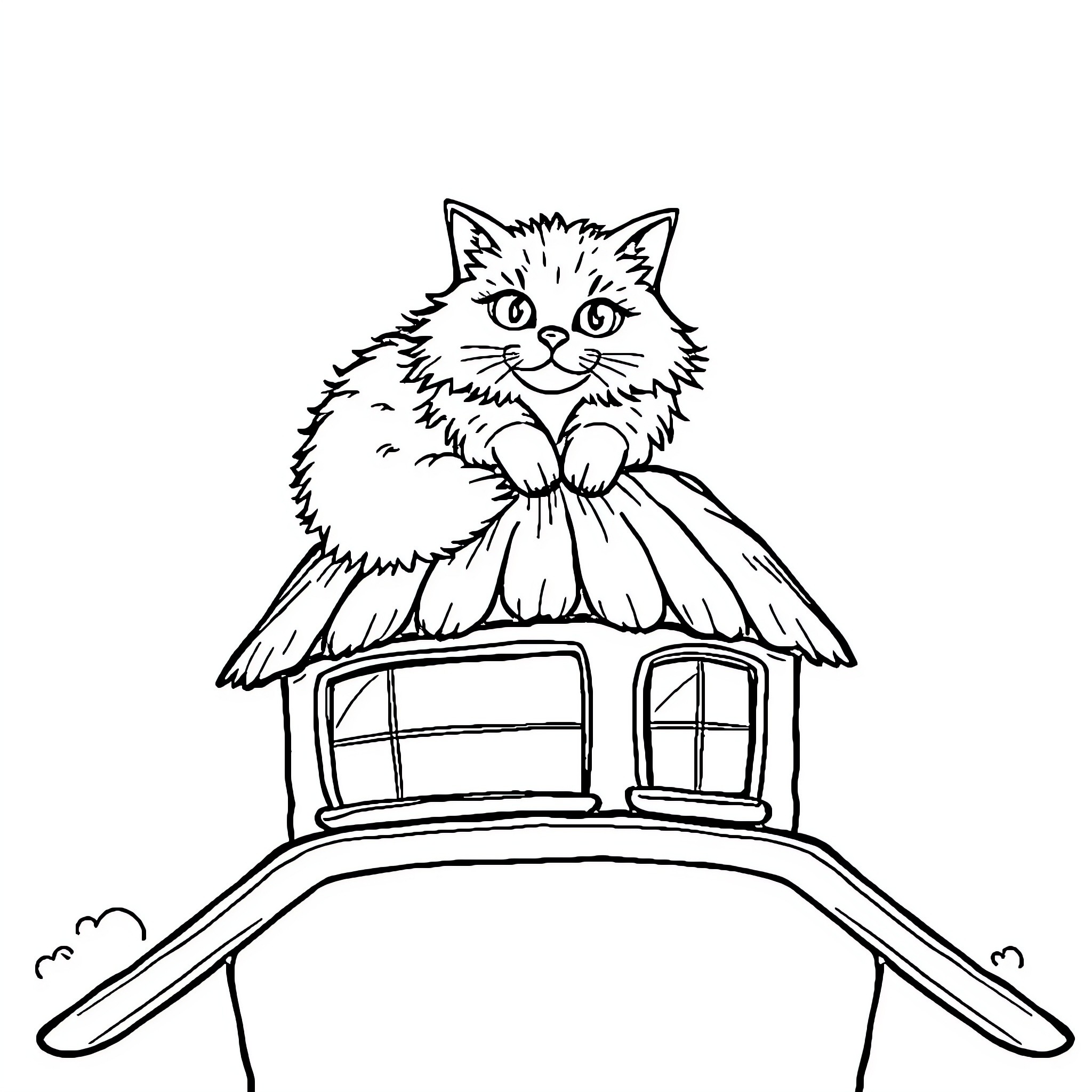 Cat sitting atop a thatched roof Coloring Page (free black-and-white line drawing printable PDF for all, from beginners to advanced learners, including children, teens, adults, and seniors)