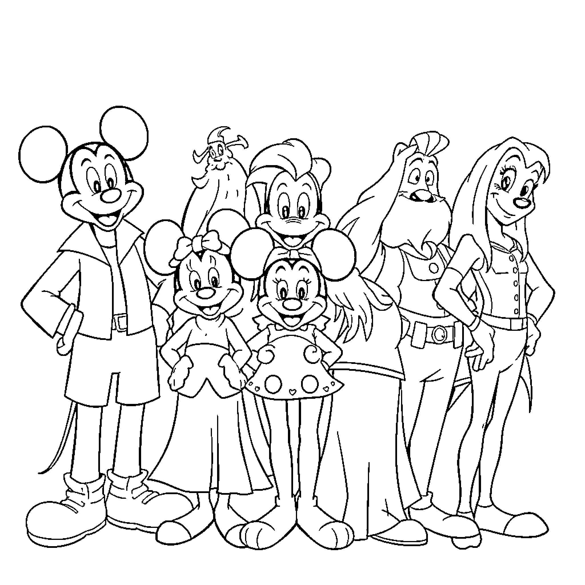 Disney Characters in a Group Pose Coloring Page (free black-and-white line drawing printable PDF for all, from beginners to advanced learners, including children, teens, adults, and seniors)