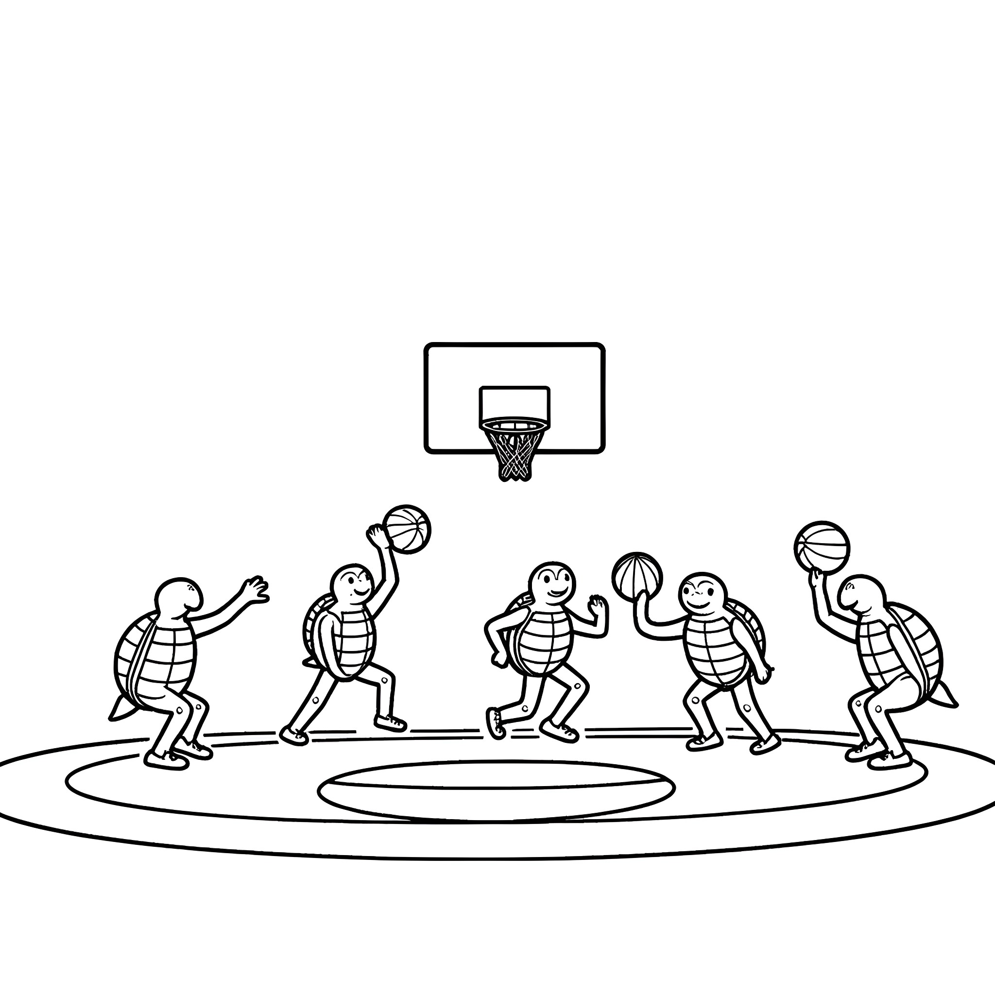 Turtles playing basketball on the court Coloring Page (free black-and-white line drawing printable PDF for all, from beginners to advanced learners, including children, teens, adults, and seniors)