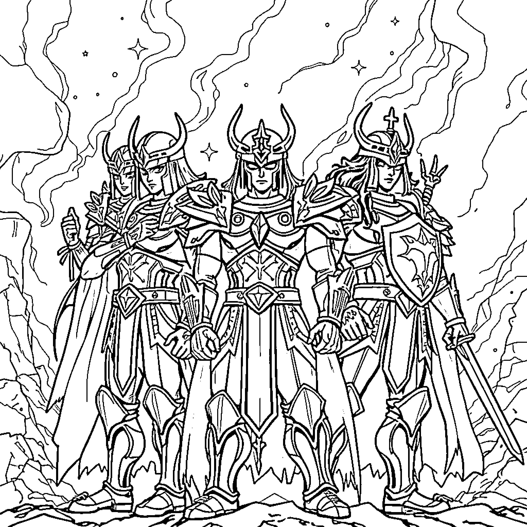 Saint Seiya: Fierce Warriors in Battle Stance Coloring Page (free black-and-white line drawing printable PDF for all, from beginners to advanced learners, including children, teens, adults, and seniors)