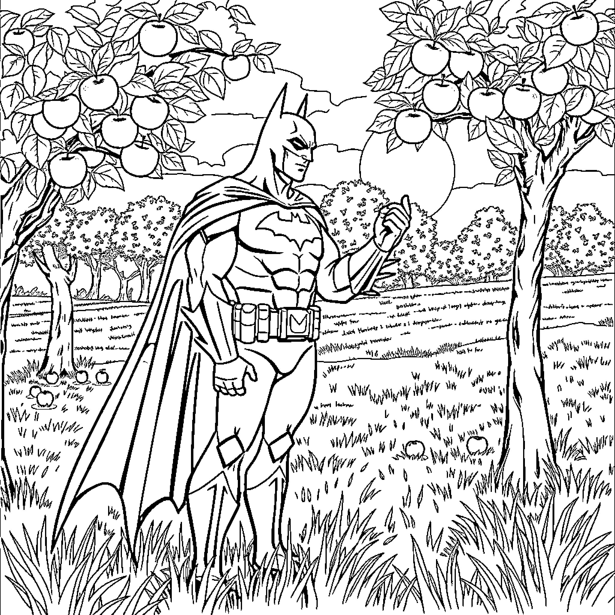 Batman exploring a lush apple orchard Coloring Page (free black-and-white line drawing printable PDF for all, from beginners to advanced learners, including children, teens, adults, and seniors)