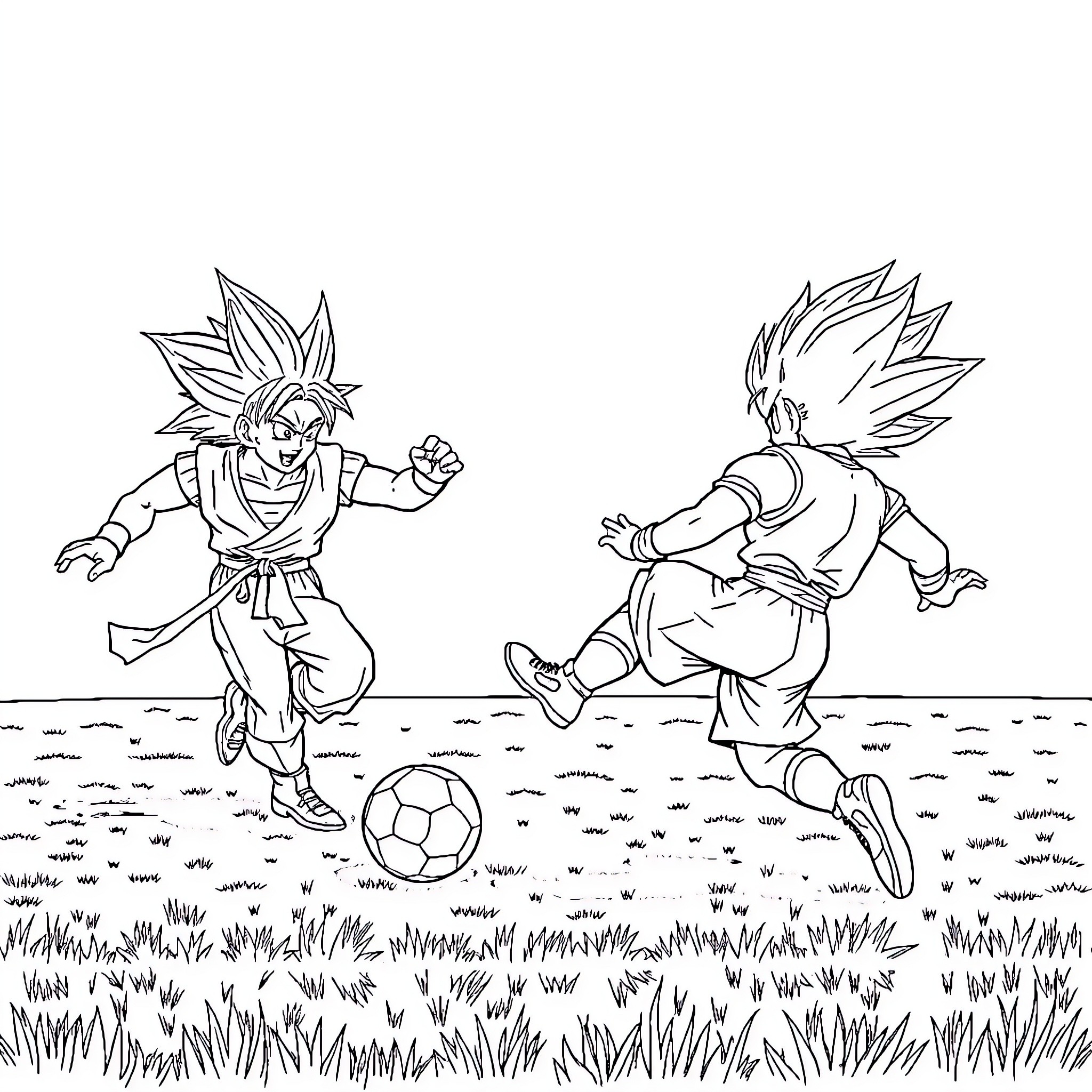 Dragonball characters playing soccer on the field Coloring Page (free black-and-white line drawing printable PDF for all, from beginners to advanced learners, including children, teens, adults, and seniors)