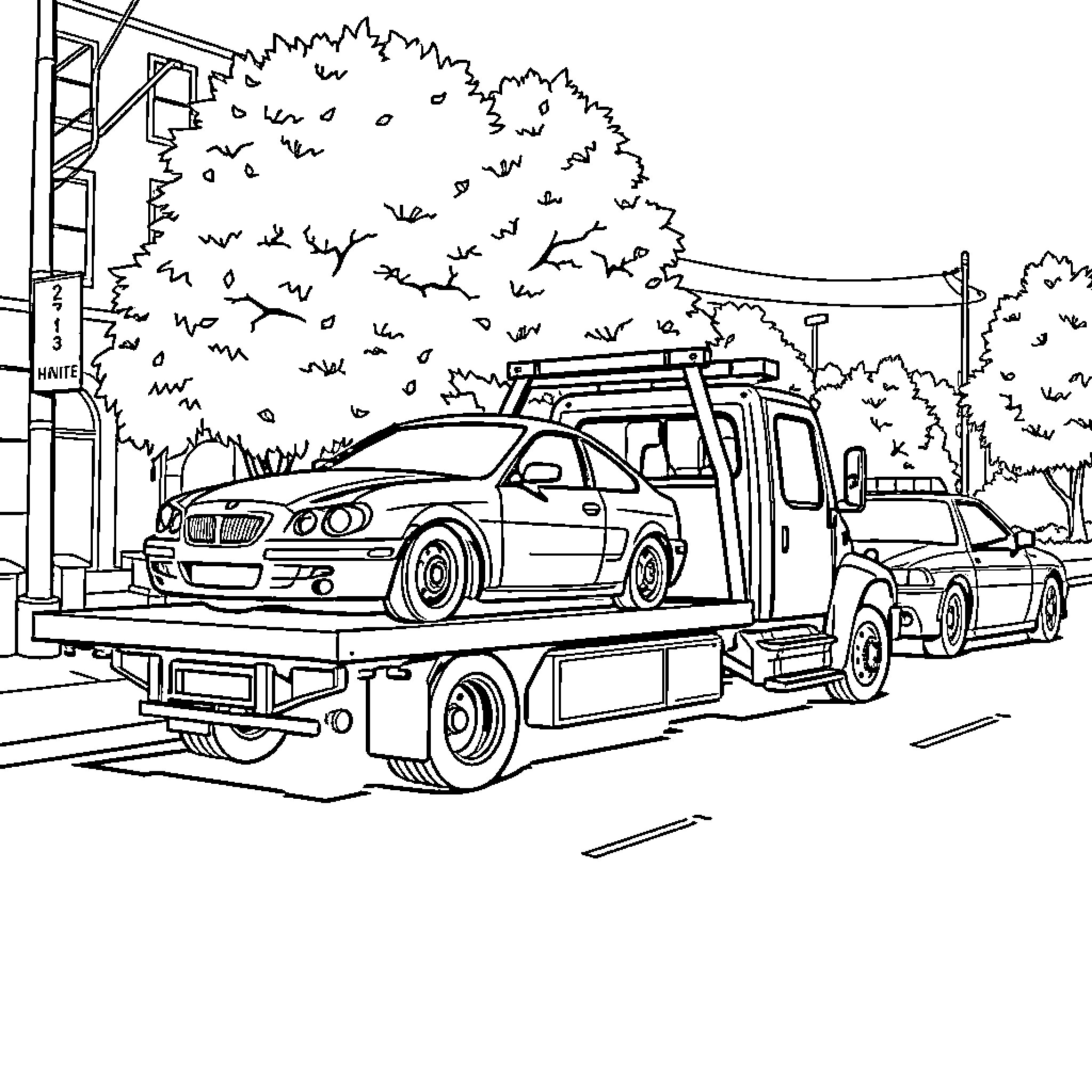 Tow Truck Transporting Damaged Vehicle on the Road Coloring Page (free black-and-white line drawing printable PDF for all, from beginners to advanced learners, including children, teens, adults, and seniors)