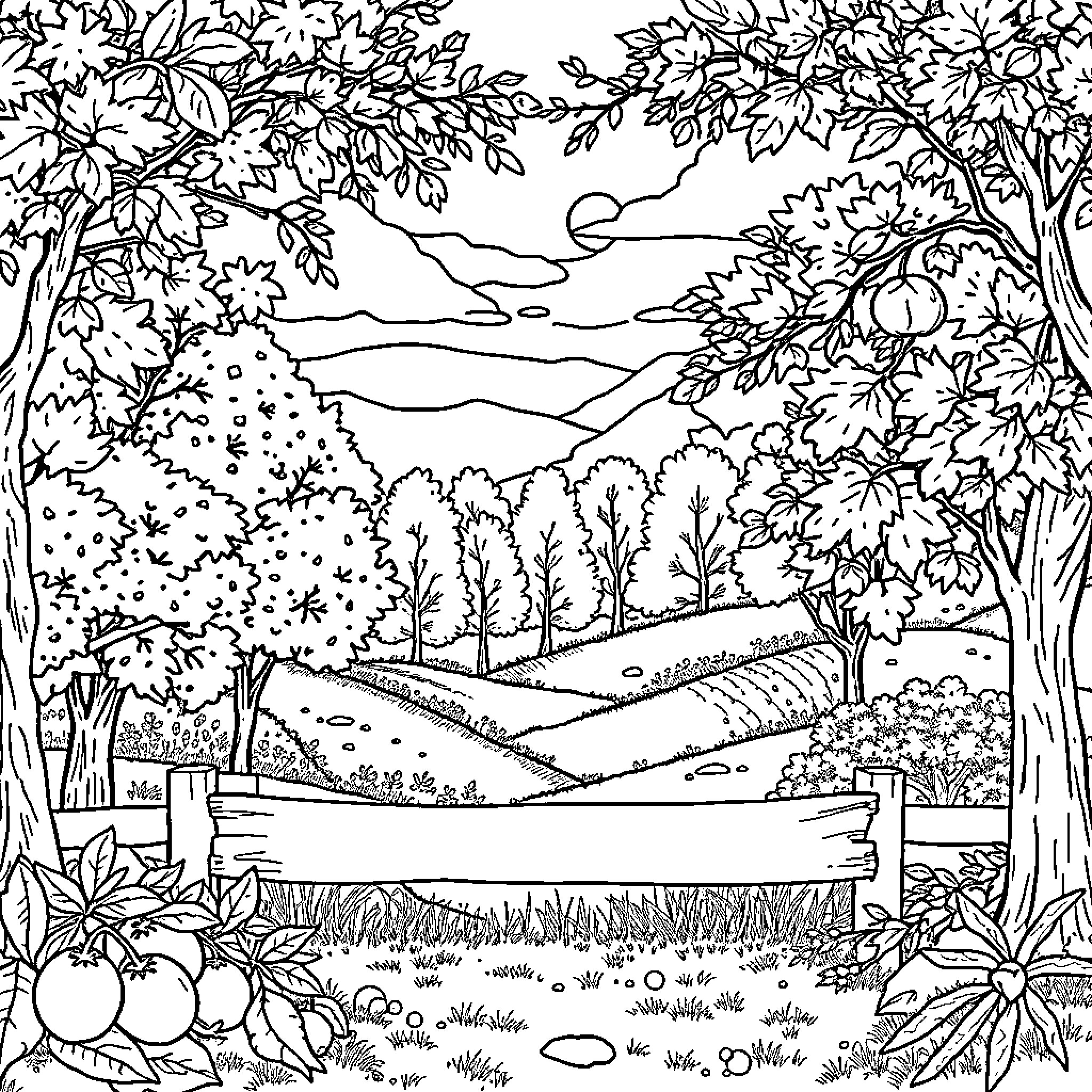 Autumn Landscape with Trees and Foliage Coloring Page (free black-and-white line drawing printable PDF for all, from beginners to advanced learners, including children, teens, adults, and seniors)