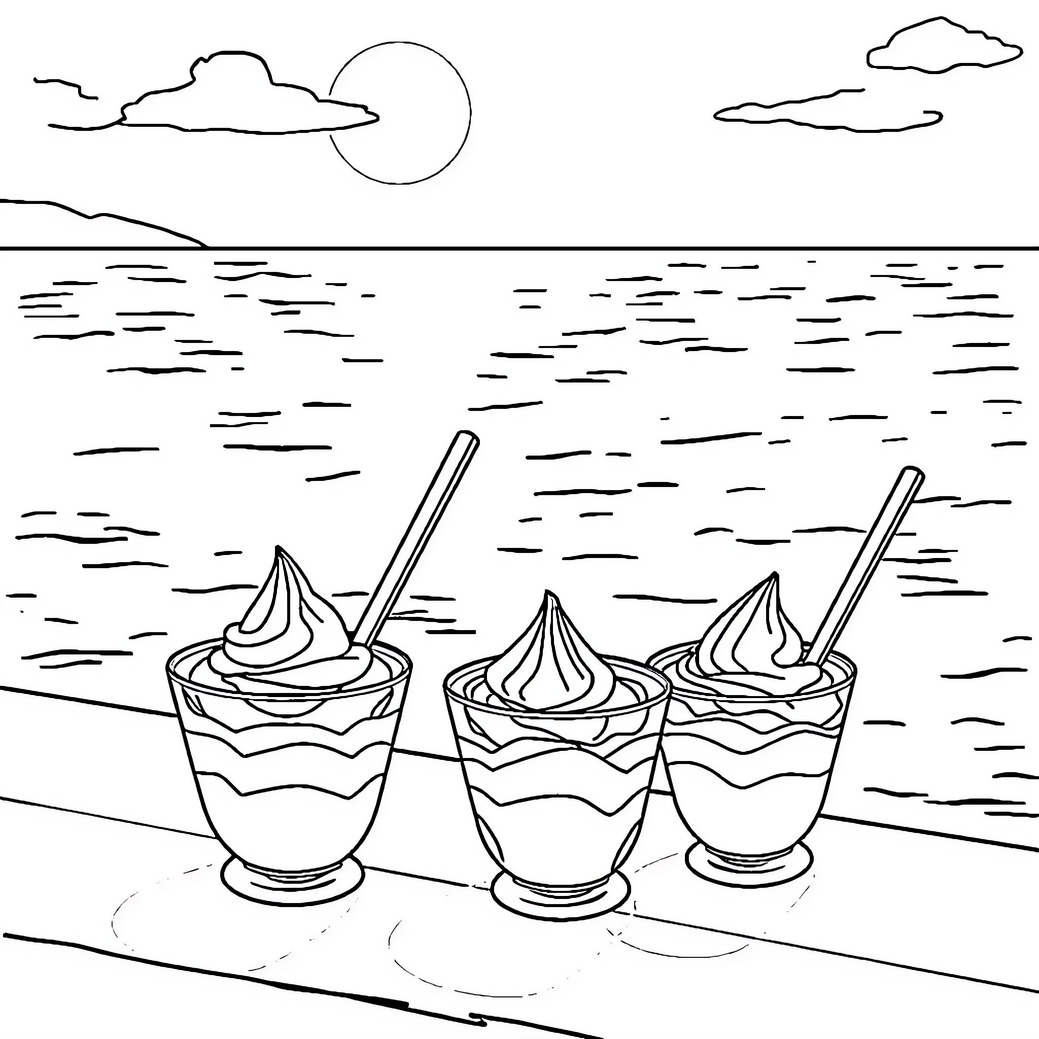 Yogurt treats by the serene ocean Coloring Page (free black-and-white line drawing printable PDF for all, from beginners to advanced learners, including children, teens, adults, and seniors)